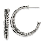 Stainless Steel Polished & Antiqued Twisted Black Cubic Zirconia C-Hoop Earrings for Women