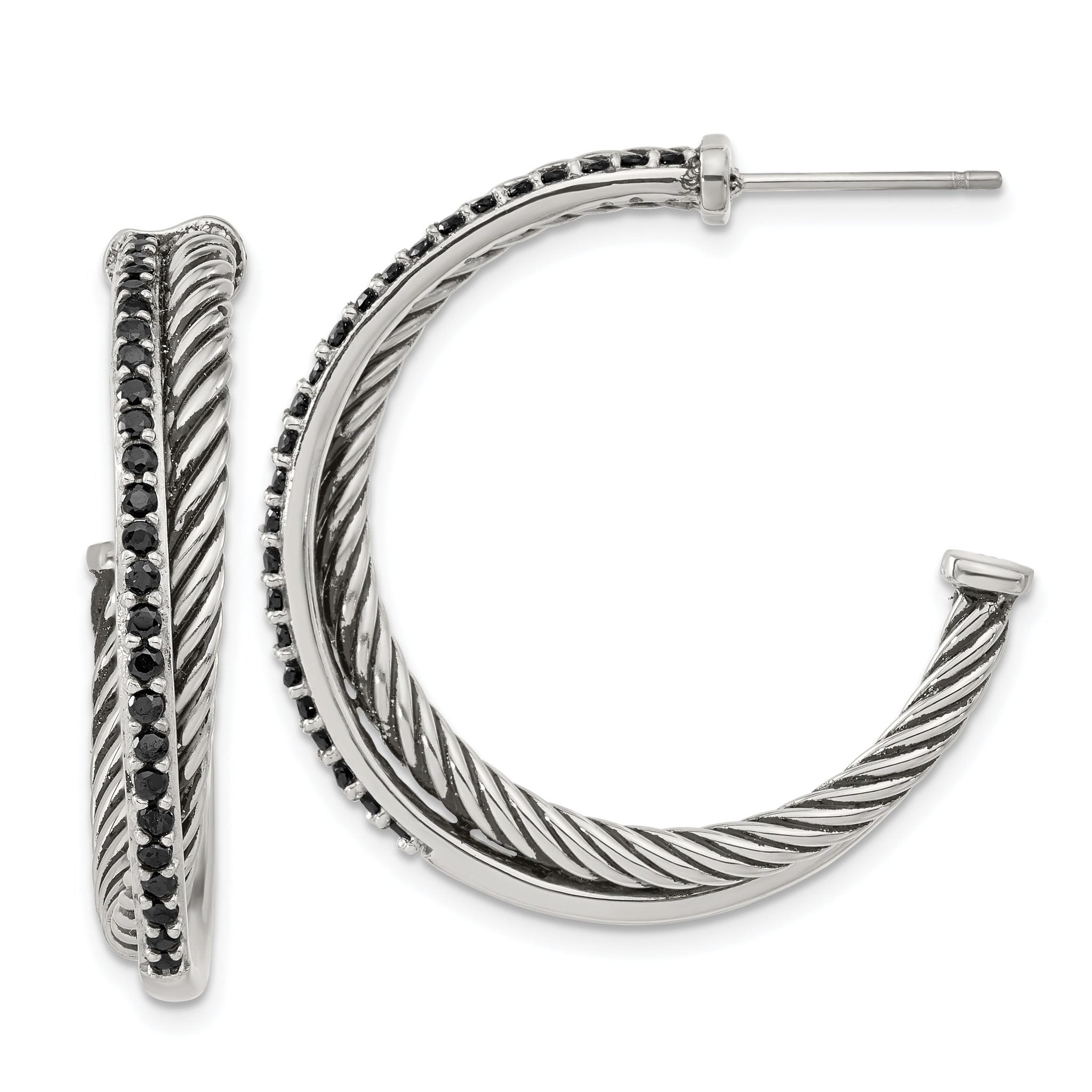 Stainless Steel Polished & Antiqued Twisted Black Cubic Zirconia C-Hoop Earrings for Women