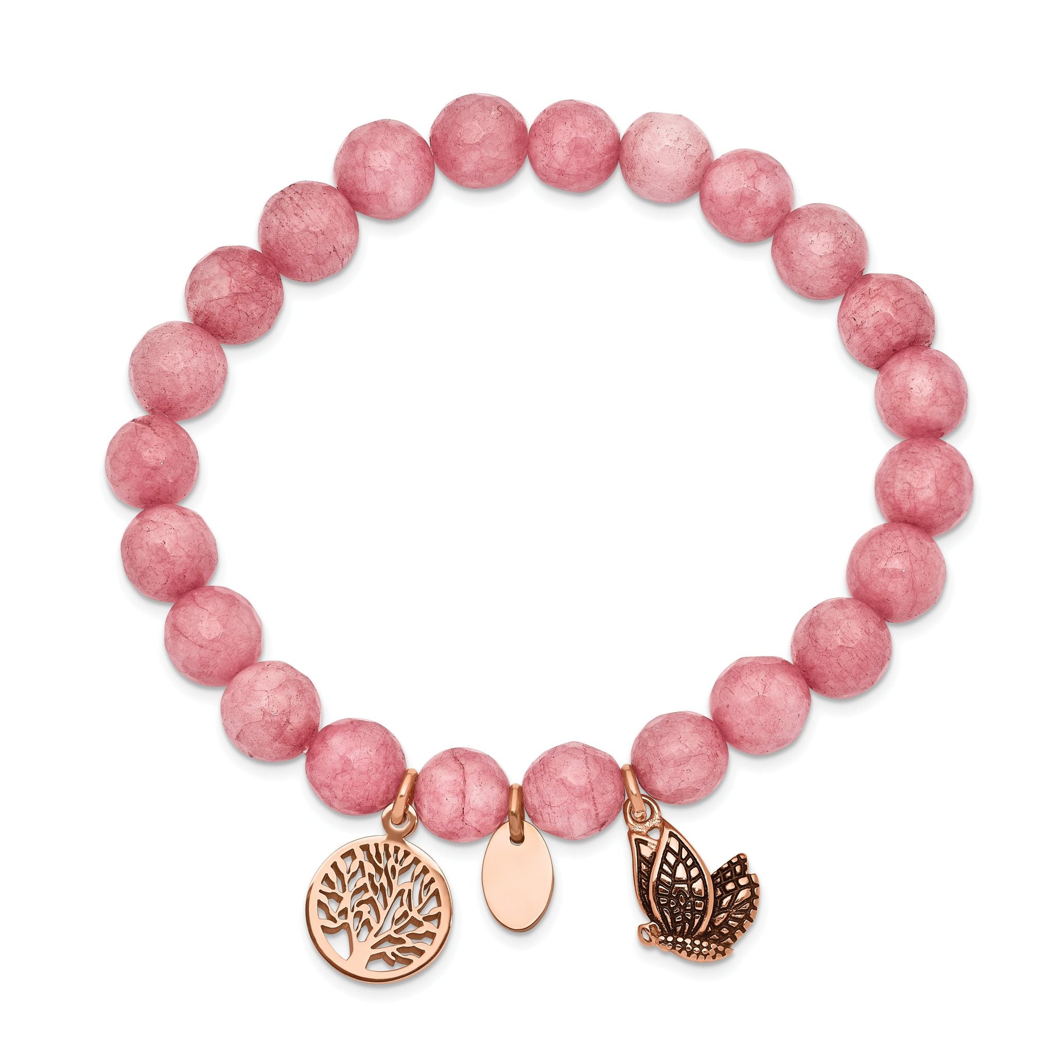Stainless Steel Antiqued and Polish Rose IP-plated Butterfly and Tree of Life 8mm Pink Dyed Jade Beaded Stretch Bracelet for Women Secondary image