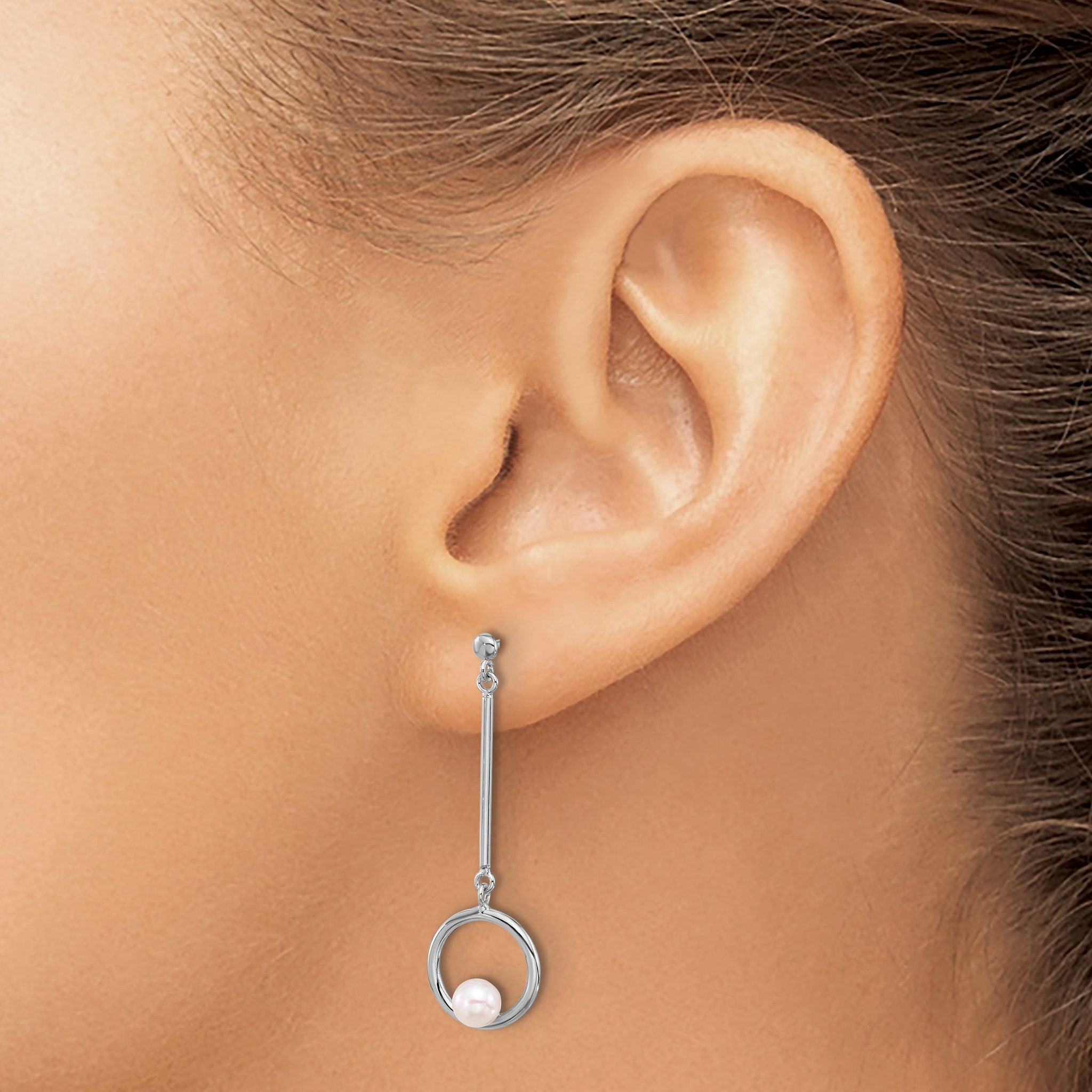 Sterling Silver Rhodium-plated 4-4.5mm White Semi-Round Freshwater Cultured Pearl Post Dangle Earrings