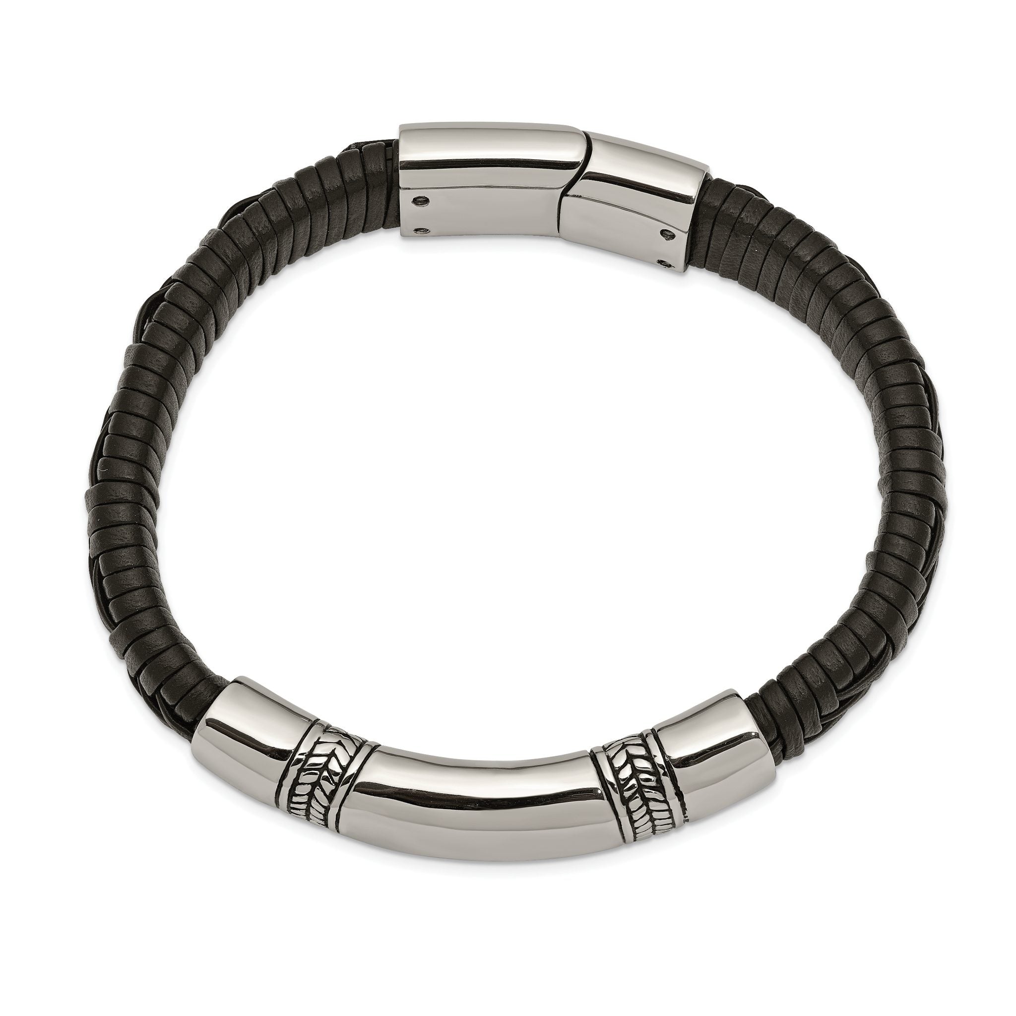 Stainless Steel Antiqued and Polished Black Woven Leather ID Bracelet for Men Secondary image