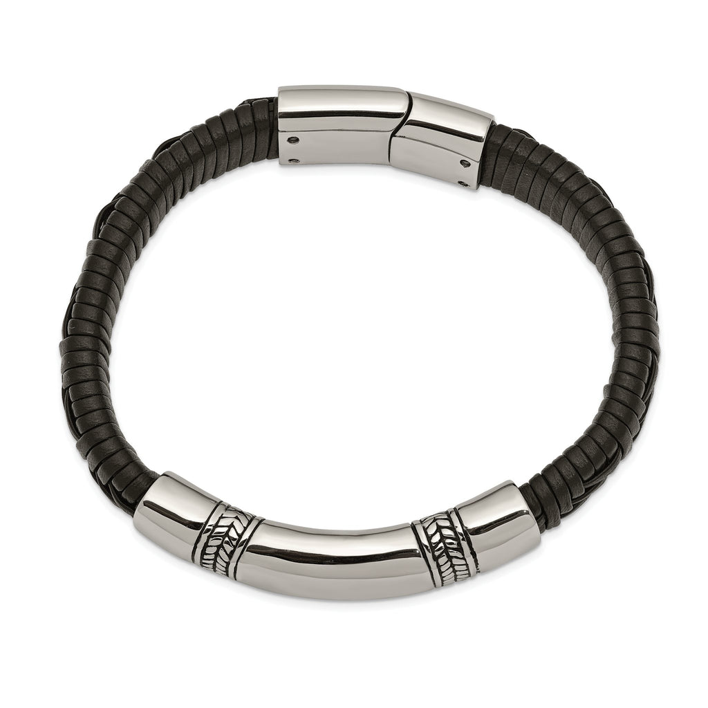 Stainless Steel Antiqued and Polished Black Woven Leather ID Bracelet for Men