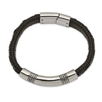 Stainless Steel Antiqued and Polished Black Woven Leather ID Bracelet for Men