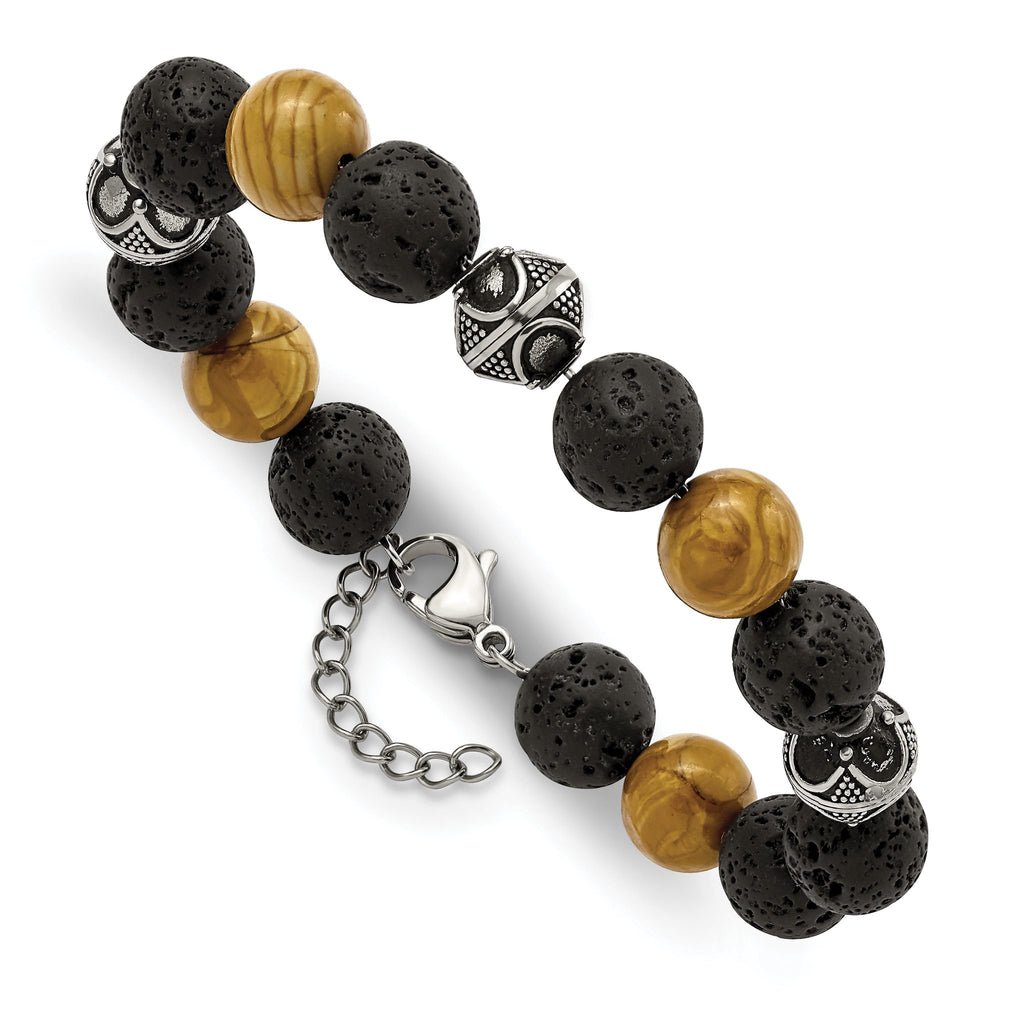 Stainless Steel Antiqued and Polished 9.5-10mm Lava and Red Wood Stone Beads Bracelet with Extension
