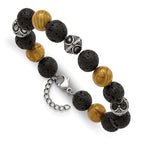 Stainless Steel Antiqued and Polished 9.5-10mm Lava and Red Wood Stone Beads Bracelet with Extension