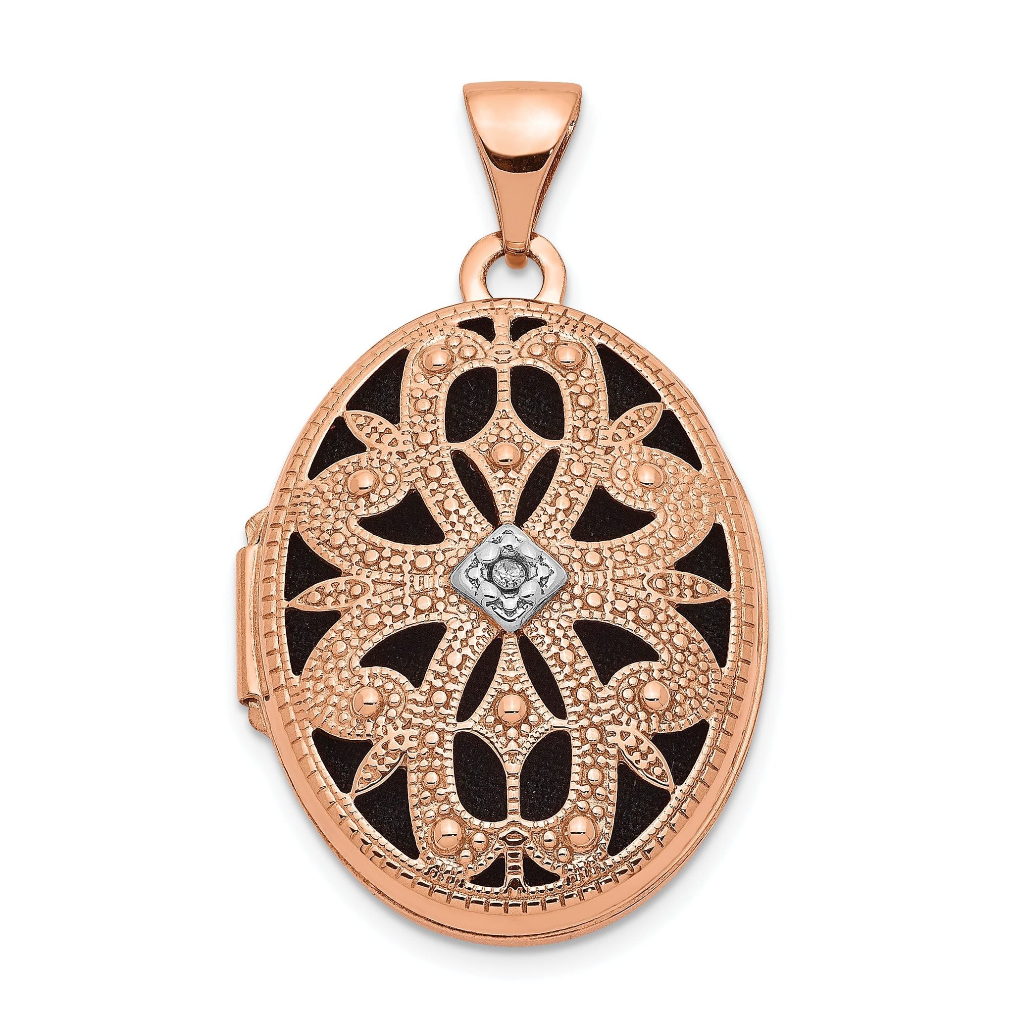 14K Rose Gold 21mm Oval w/Diamond Vintage blk interior Locket Main image