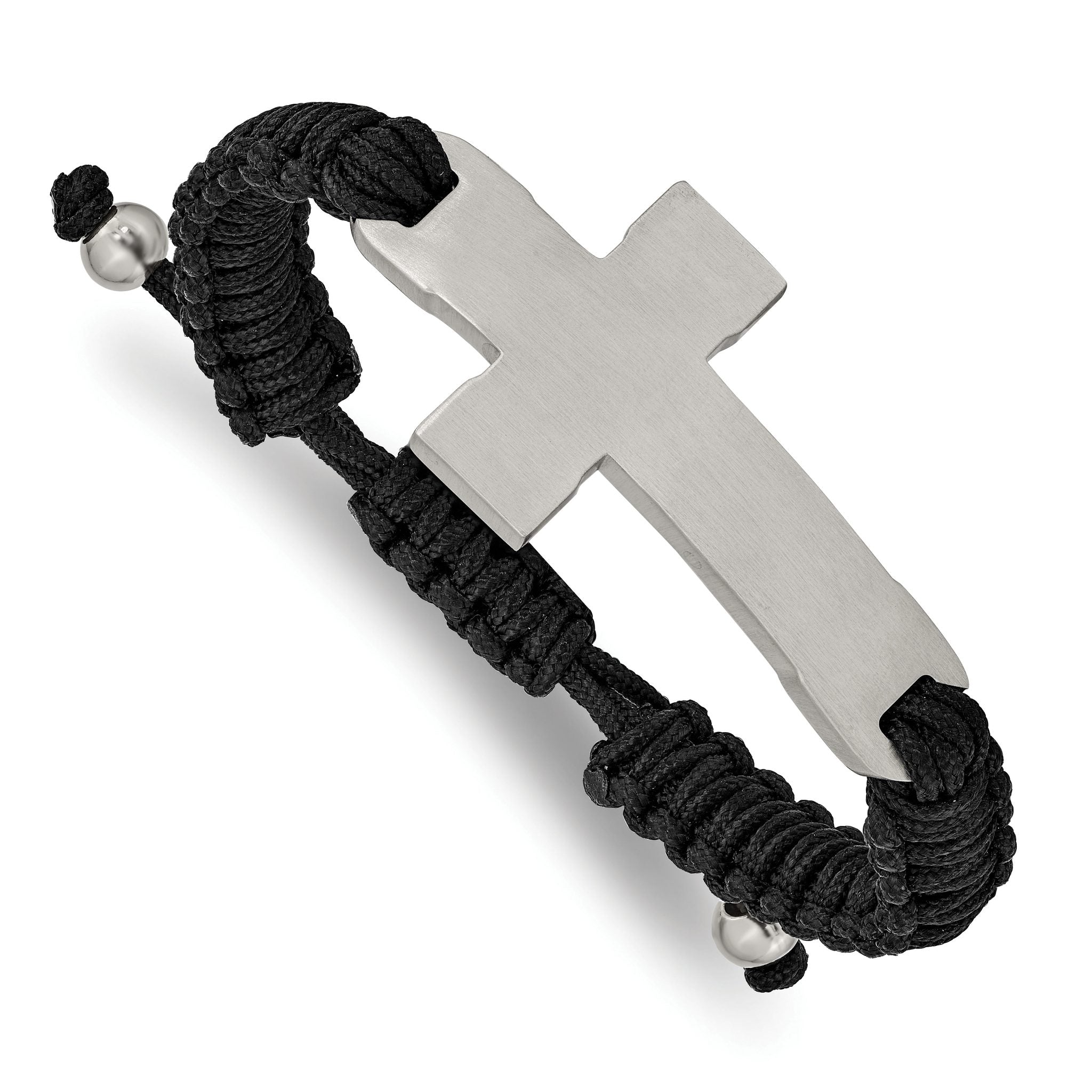 Stainless Steel Brushed and Polished Cross Black Nylon Adjustable Bracelet for Men