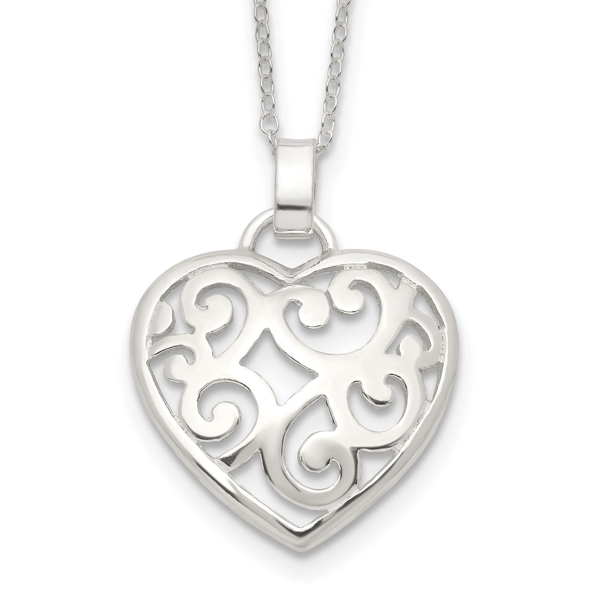 Sterling Silver 925 Filigree Swirl Heart Necklace with Polished Finish Main image