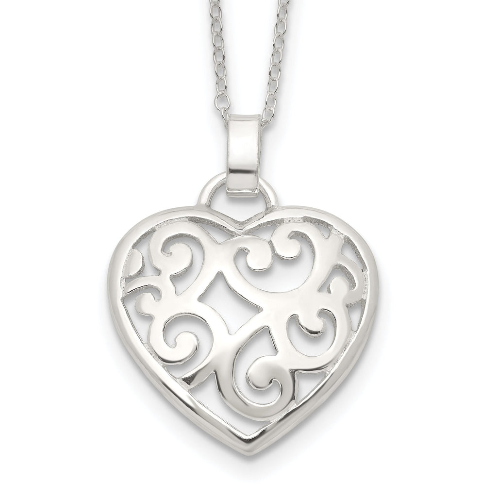 Sterling Silver 925 Filigree Swirl Heart Necklace with Polished Finish