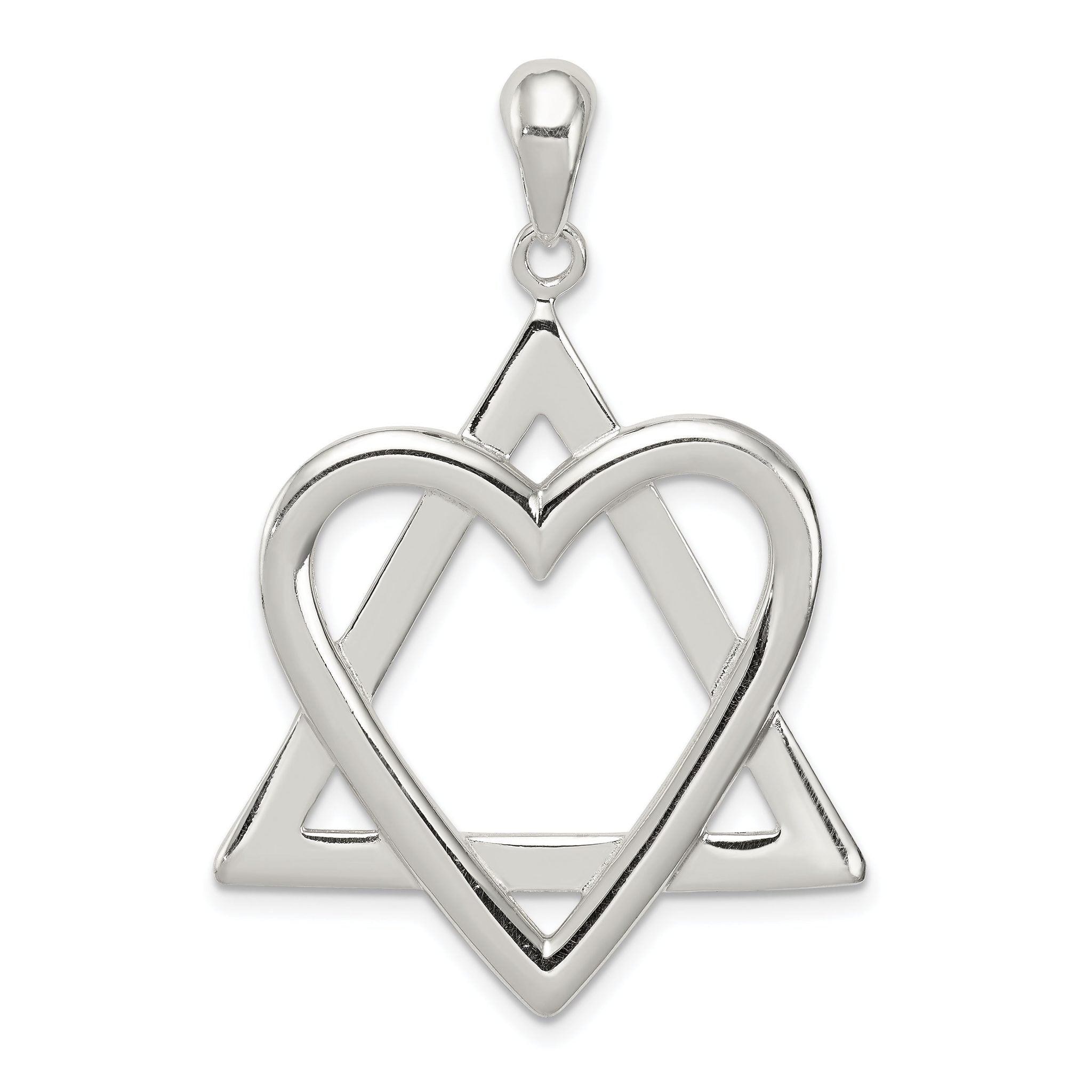 Sterling Silver 925 Star of David Heart Pendant with Polished Anti-Tarnish Finish