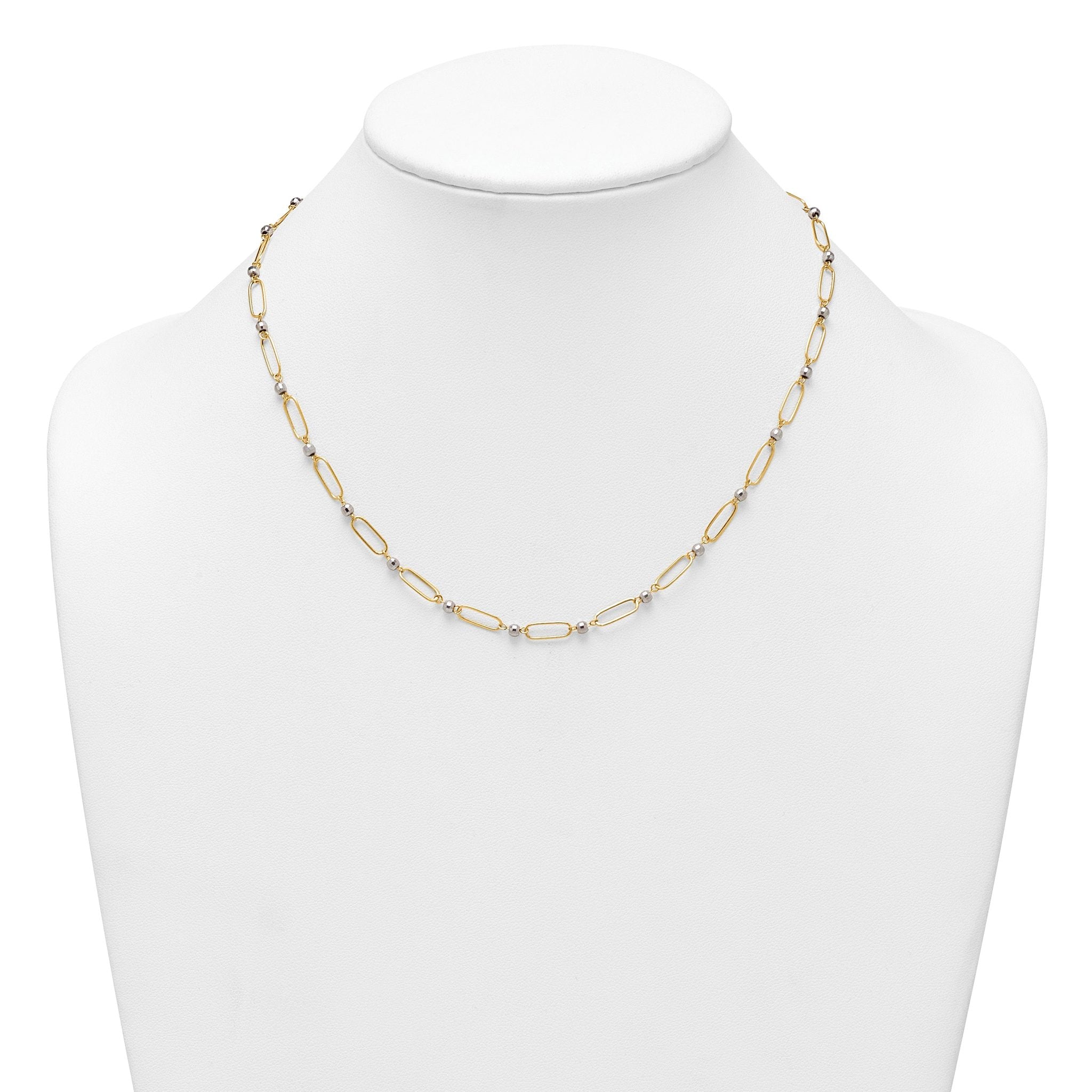 14k Two-tone Polished Paperclip Links and Faceted Beads 18 inch Necklace