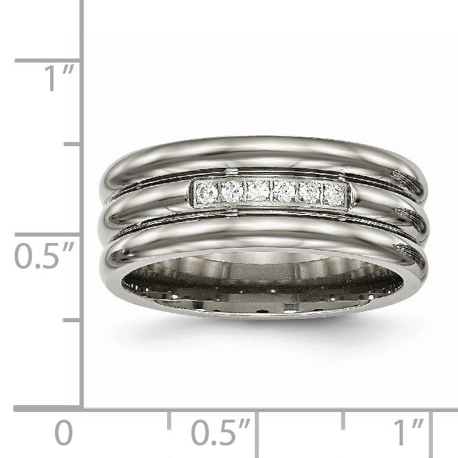 Grooved CZ Wedding Band in Titanium, 8mm