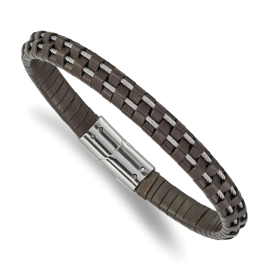 Stainless Steel Polished Cable and Brown Leather Bracelet for Men