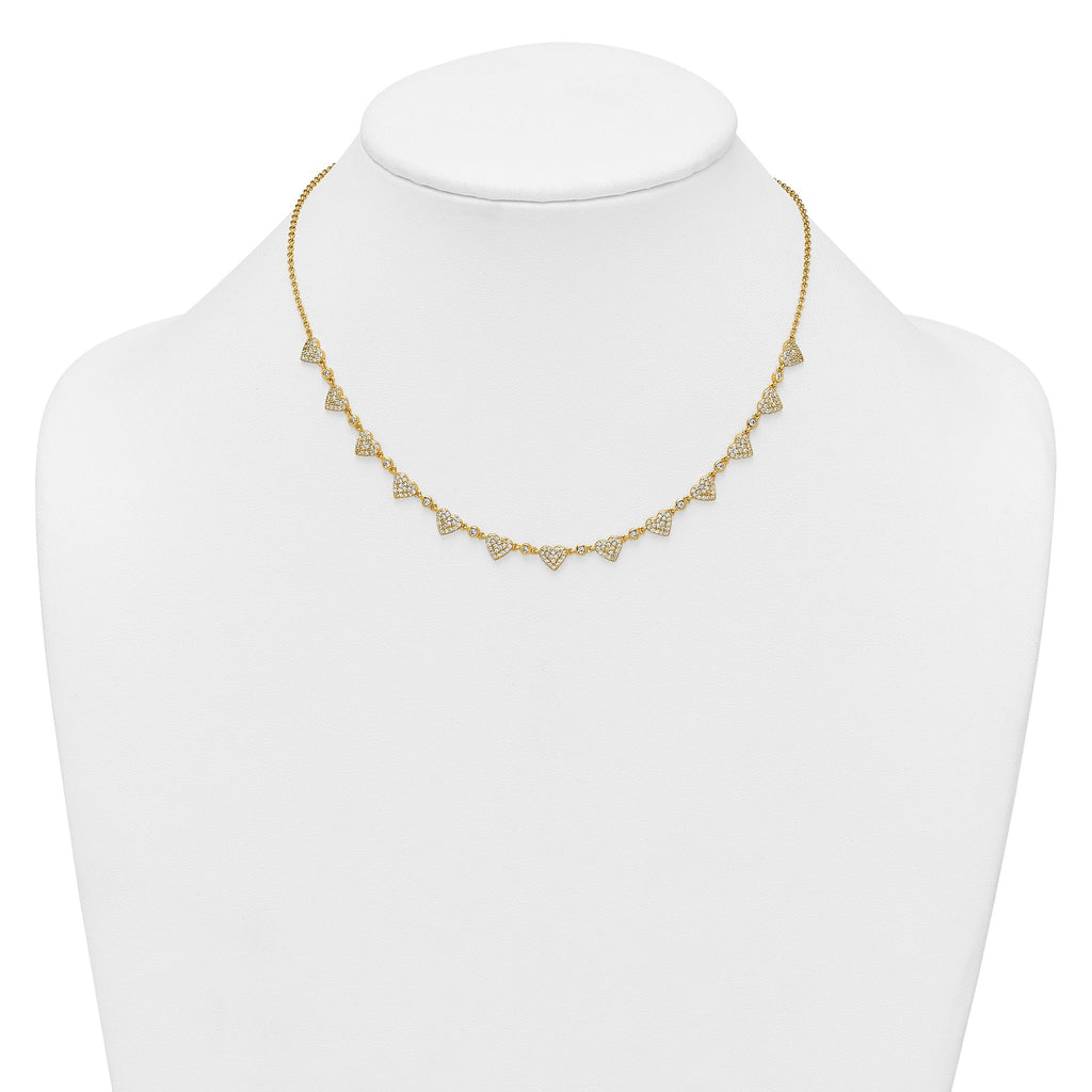Sterling Silver Gold-tone Polished Pave CZ Hearts 16 Inch with 2 Inch Extension Necklace