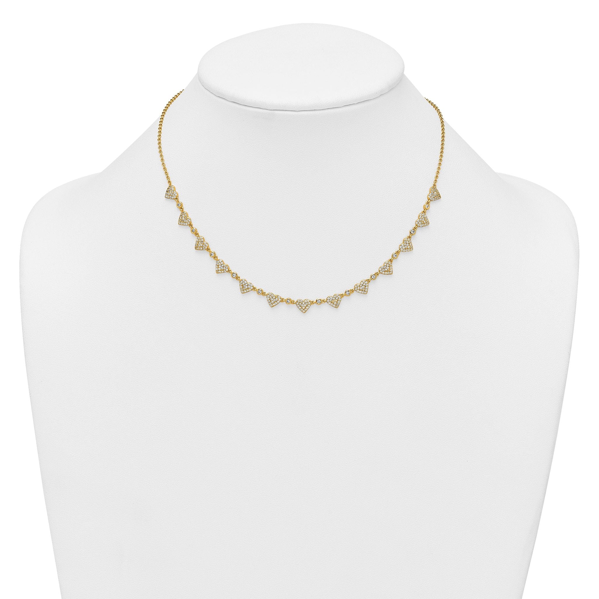 Sterling Silver Gold-tone Polished Pave CZ Hearts 16 Inch with 2 Inch Extension Necklace