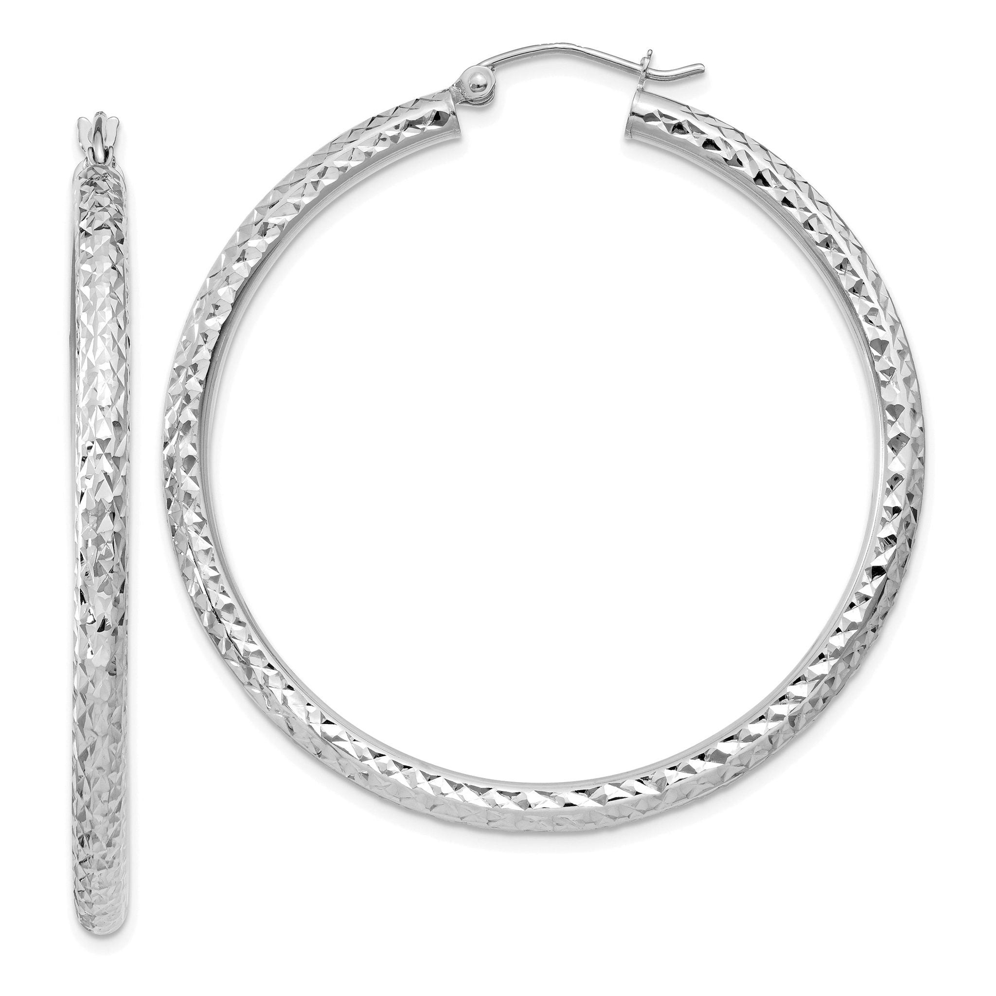 10K White Gold Diamond-Cut Hoop Earrings with Polished Finish for Women