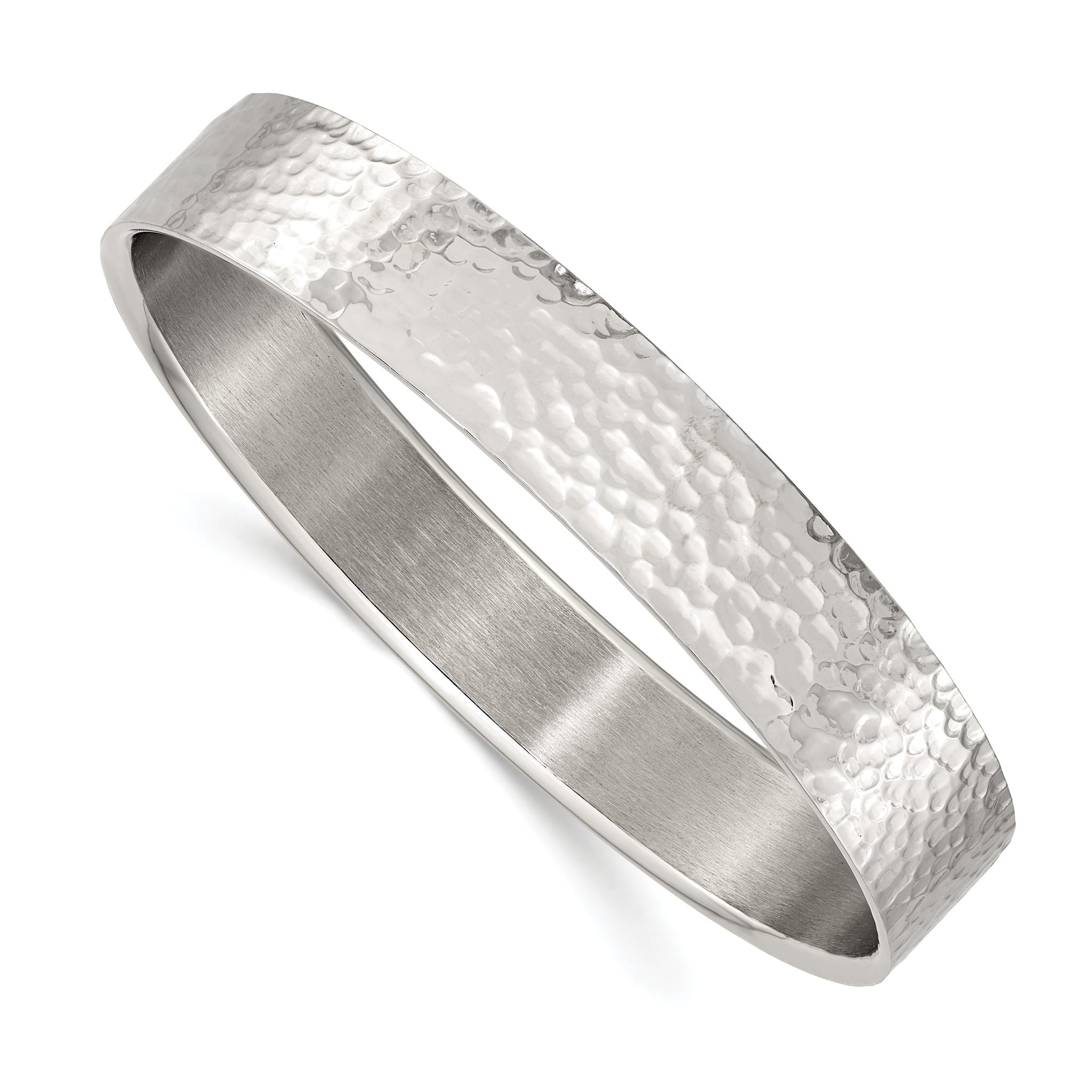 Stainless Steel Brushed and Polished Hammered Bangle Bracelet for Women