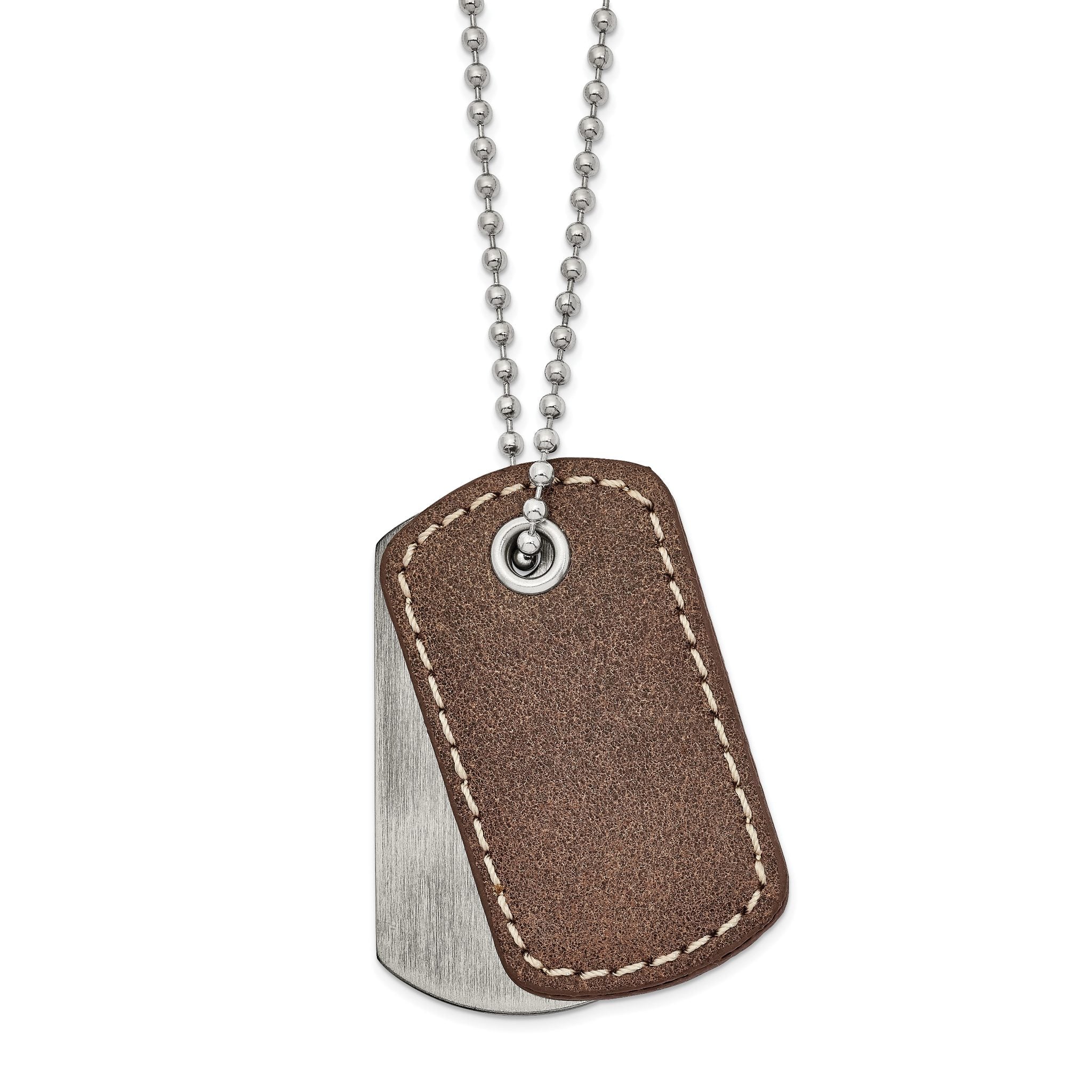 Chisel Stainless Steel Antiqued and Brushed with Brown Leather 2 Piece Dog Tags on a 22 inch Ball Chain Necklace Main image