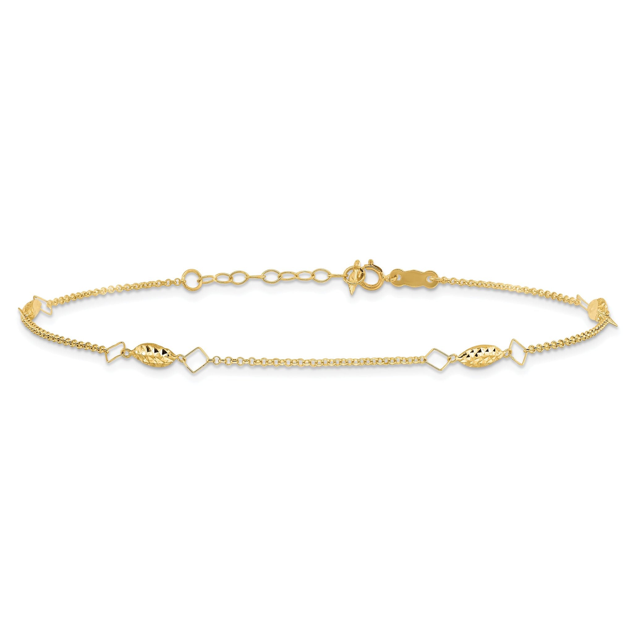 14K Diamond-cut Rice Puff Beads 4-Station 9 inch Plus 1 inch Extender - Total 10 inch Anklet Secondary image