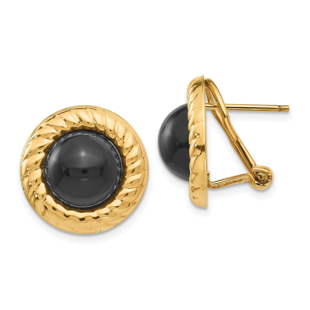 14K Gold Onyx Button Earrings with Polished Finish and Omega Clip