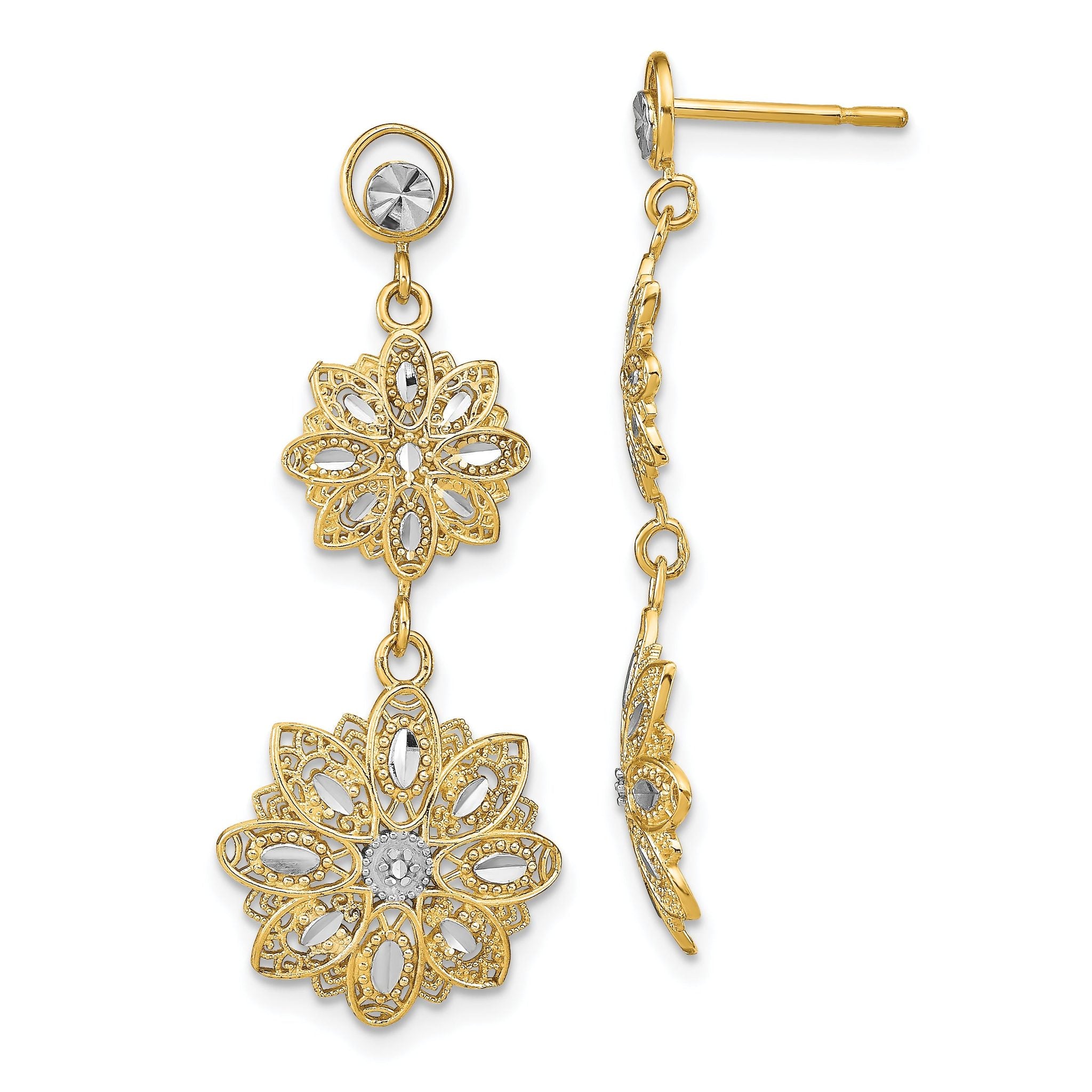 14K w/Rhodium D/C  Filigree Floral Post Dangle Earrings Main image