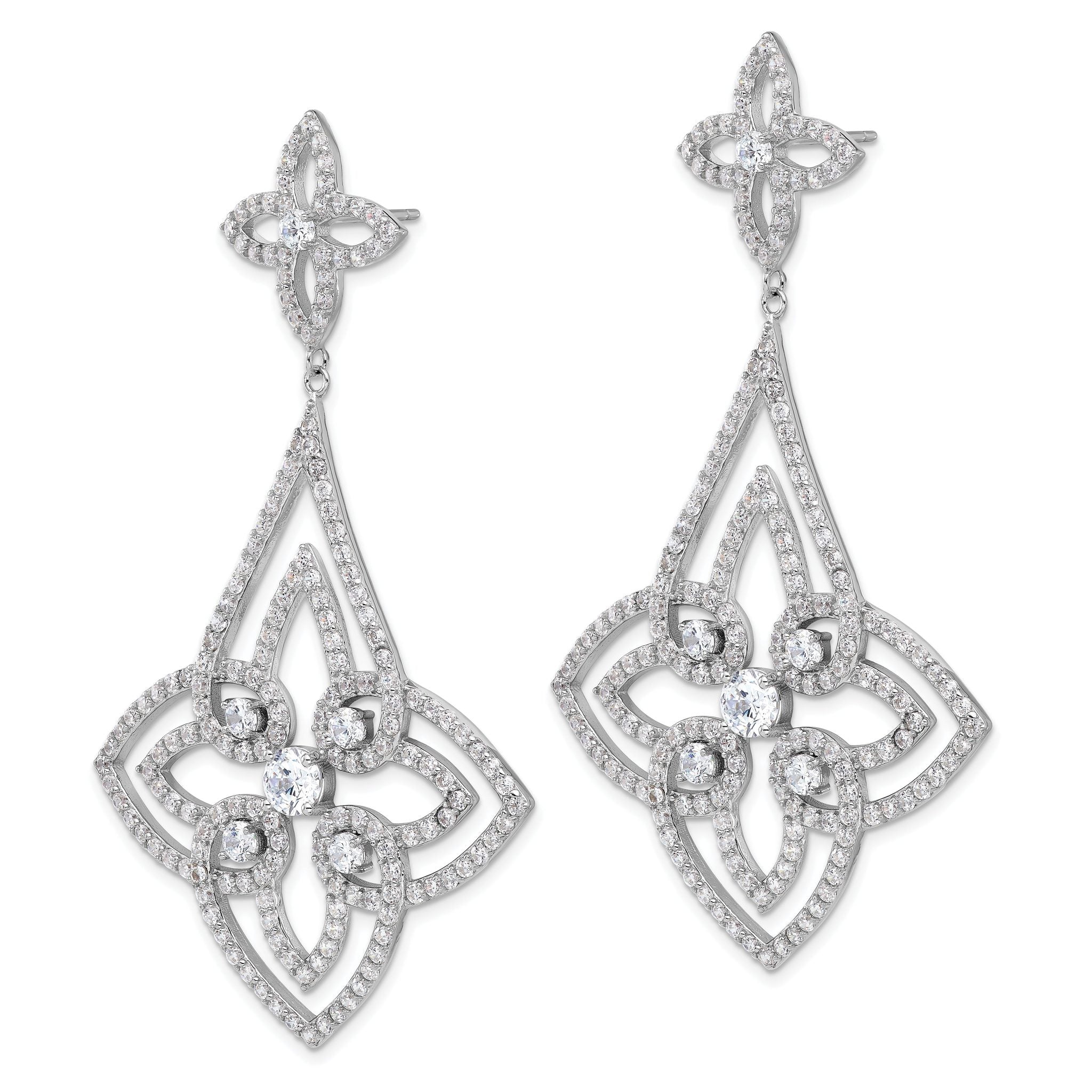 Cheryl M Sterling Silver Rhodium-plated Fancy Floral Design Brilliant-cut CZ Post Dangle Earrings Secondary image