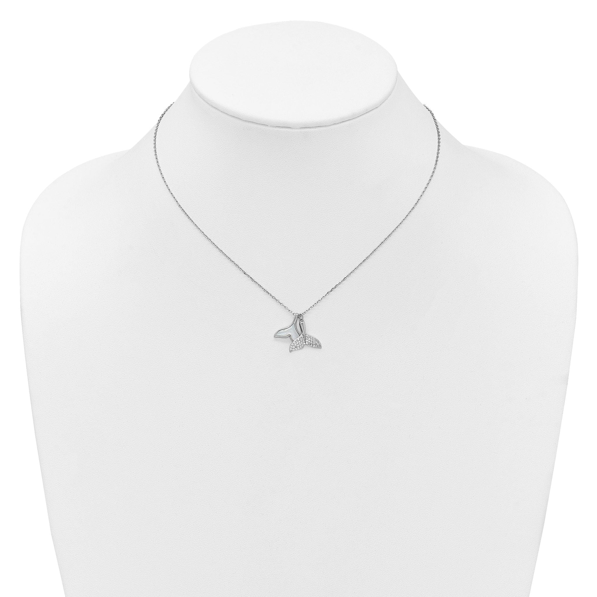 Sterling Silver Rhodium-plated Polished Mother of Pearl and CZ Whale Tails 16 Inch with 2 Inch Extension Necklace