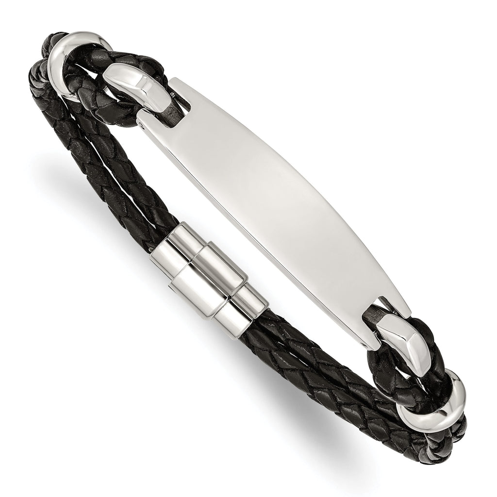 Stainless Steel Polished Black Woven Leather ID Bracelet