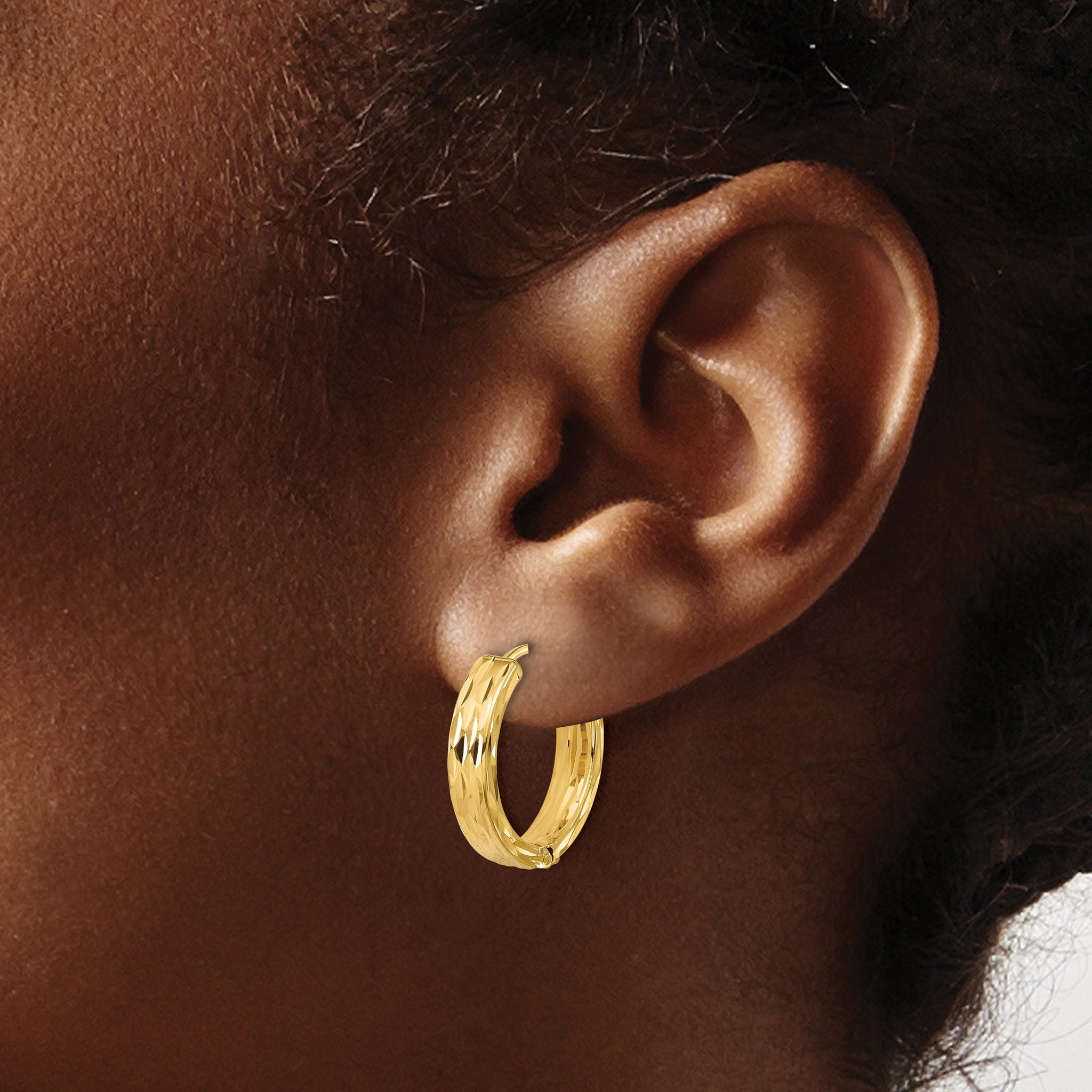 Leslie's' 14K Polished and Dia-cut Square Tube Hinged Hoop Earrings