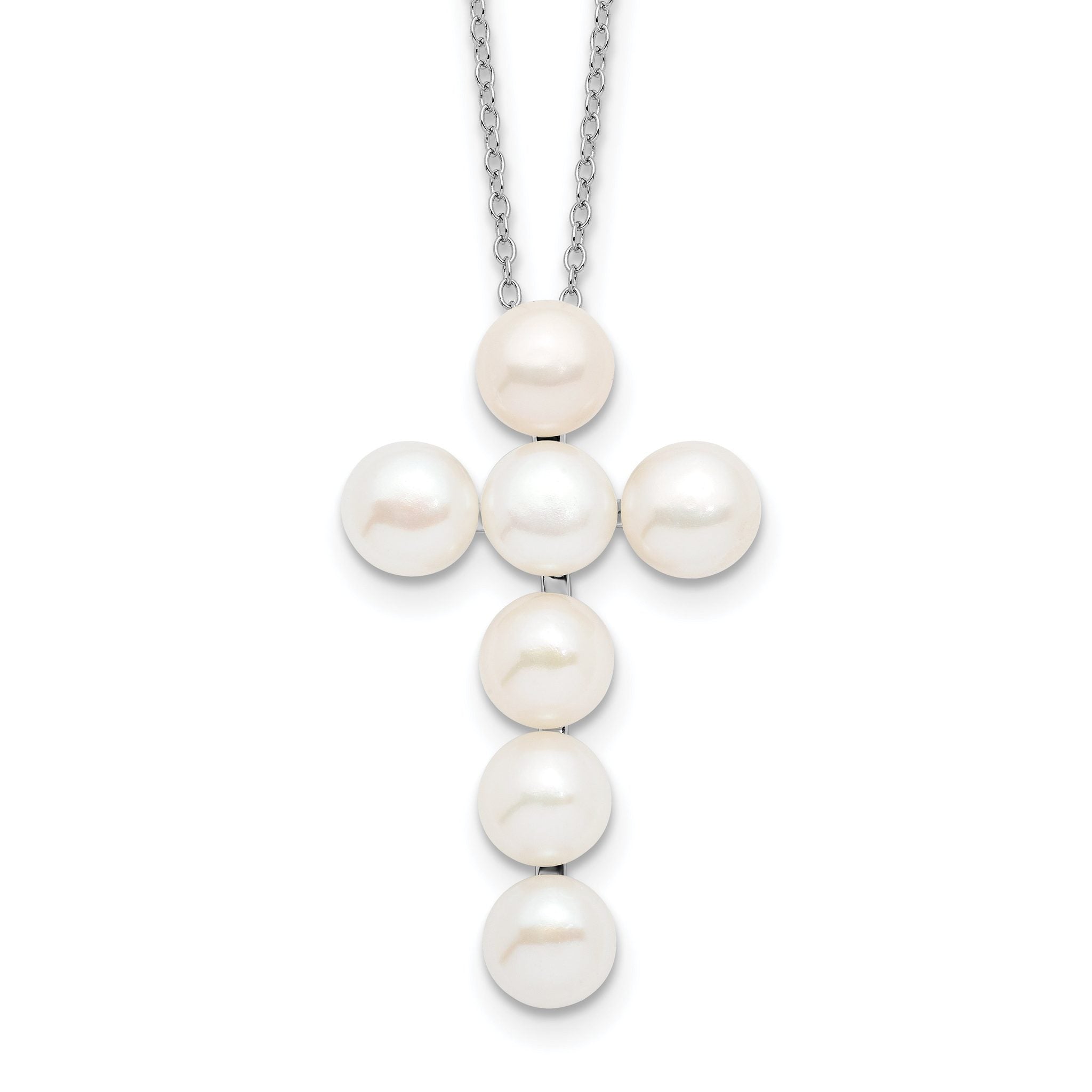 Sterling Silver Rhodium-plated 6-7mm White Button Freshwater Cultured Pearl Cross 17 inch Necklace Main image