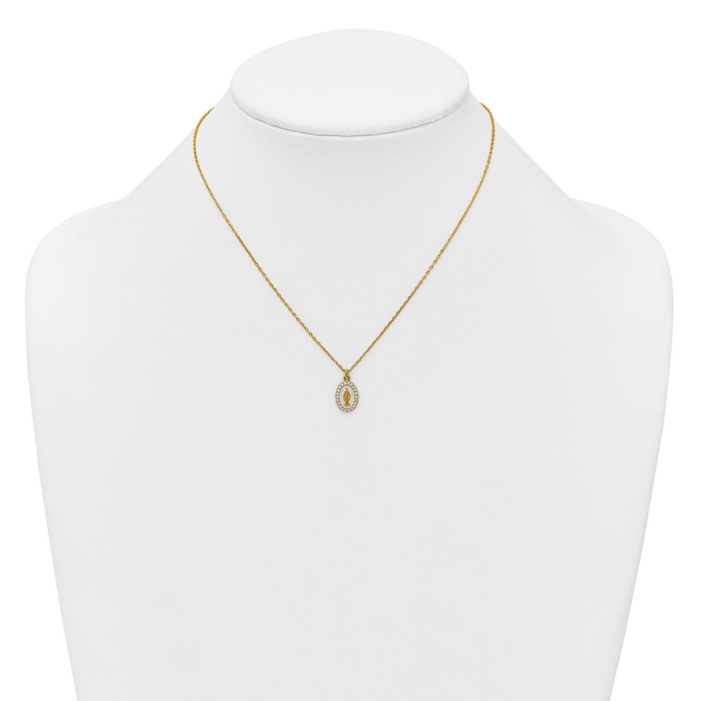 Sterling Silver Gold-plated CZ and White Enamel Miraculous Medal 15.75 inch with 2 inch extender Necklace