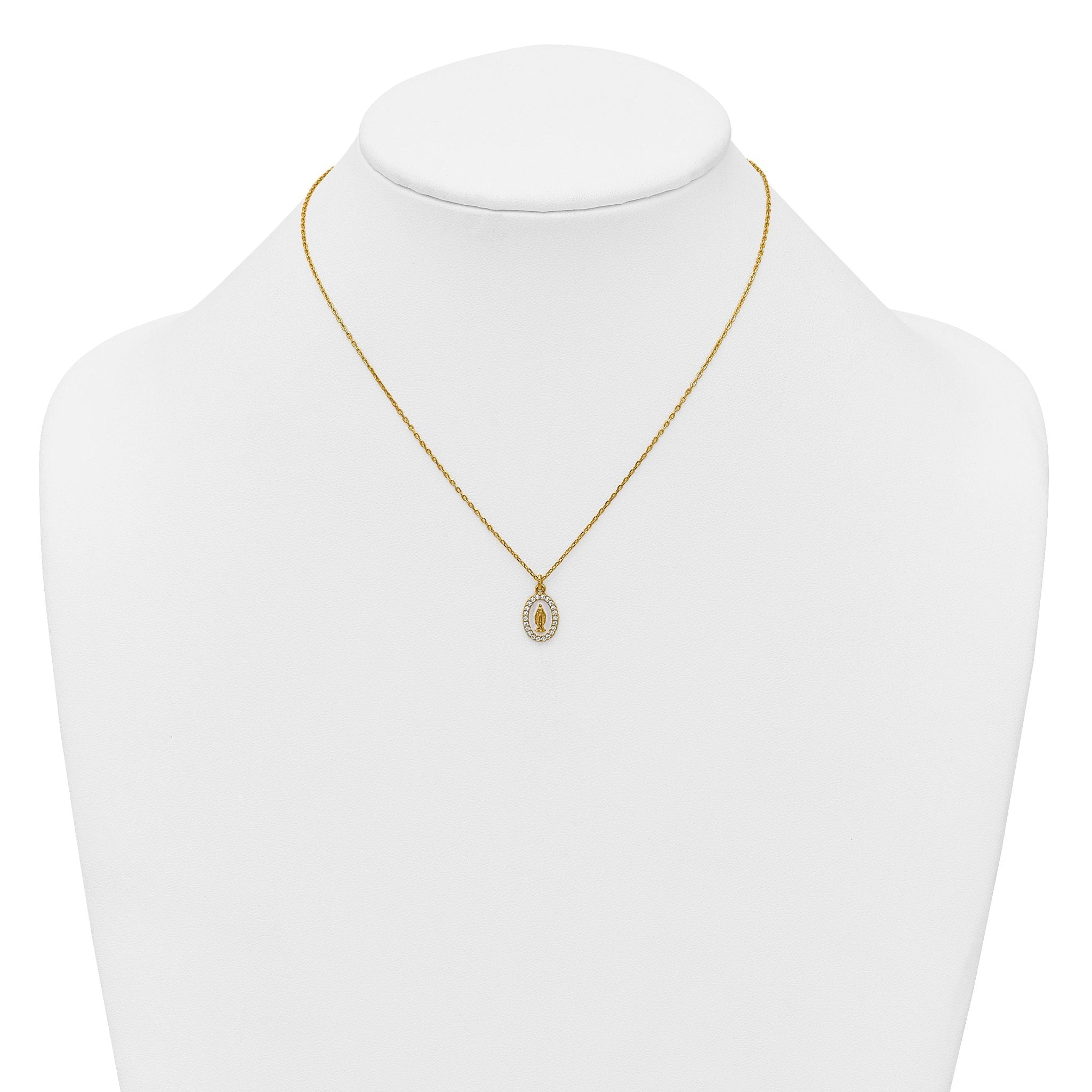 Sterling Silver Gold-plated CZ and White Enamel Miraculous Medal 15.75 inch with 2 inch extender Necklace