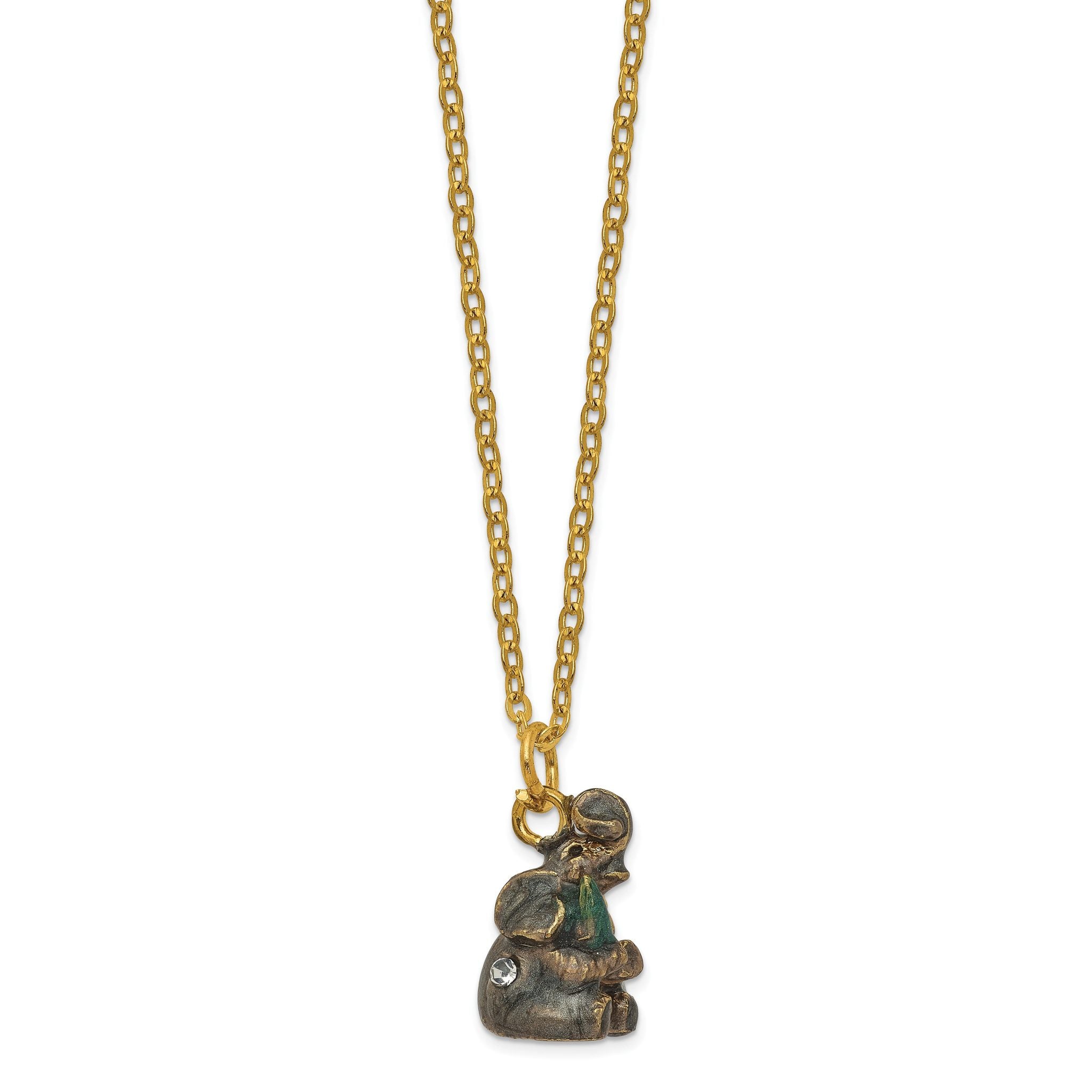 Luxury Giftware Pewter Bejeweled Crystals Gold-tone Enameled ELROY Elephant With Christmas Tree Trinket Box with Matching 18 Inch Necklace