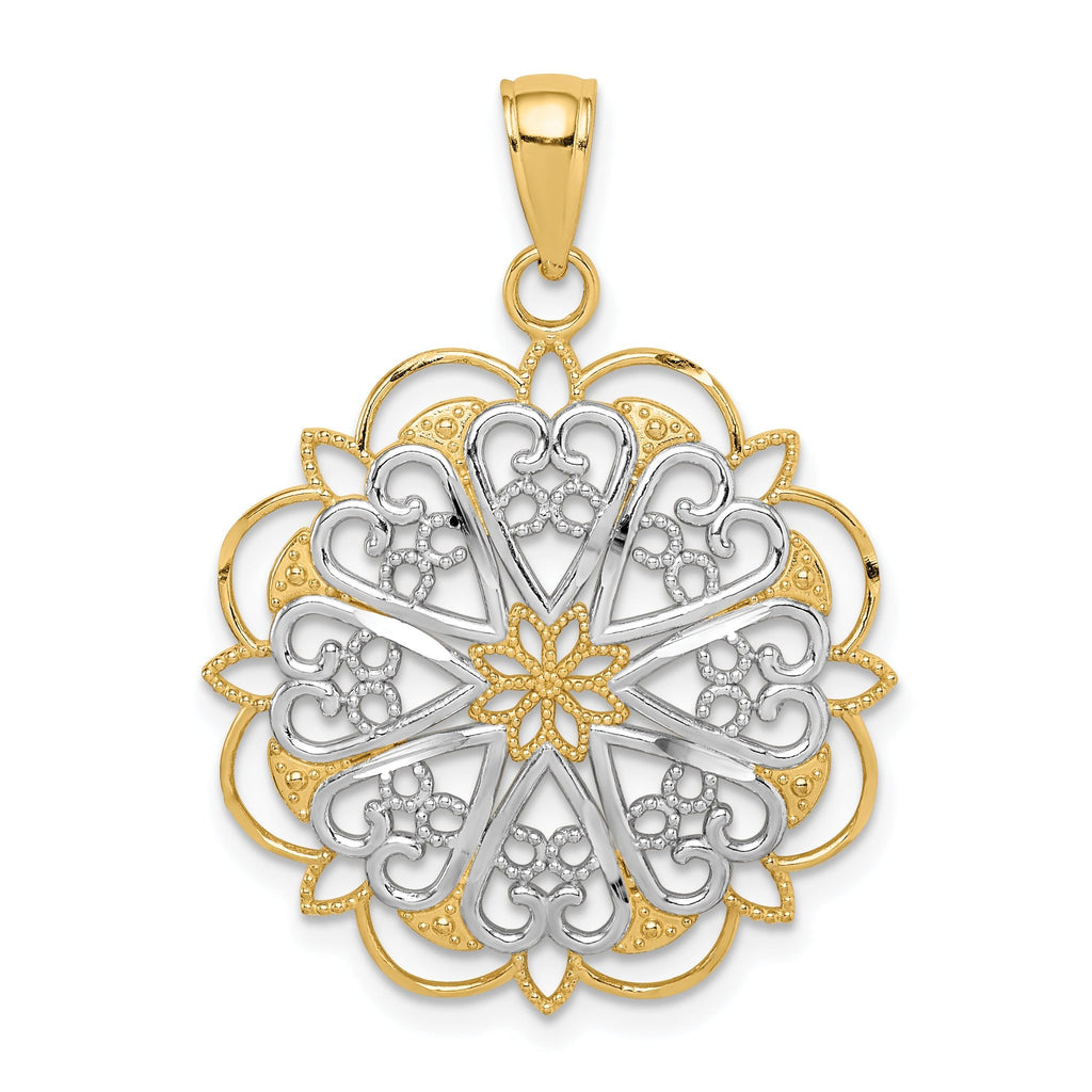 14K Gold Filigree Hearts Pendant with Rhodium Accents and Scalloped Edge