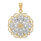 14K Gold Filigree Hearts Pendant with Rhodium Accents and Scalloped Edge
