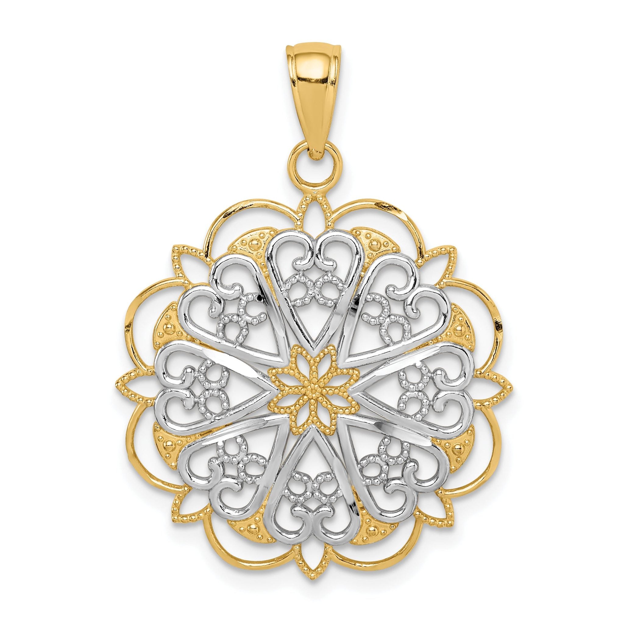 14K Gold Filigree Hearts Pendant with Rhodium Accents and Scalloped Edge