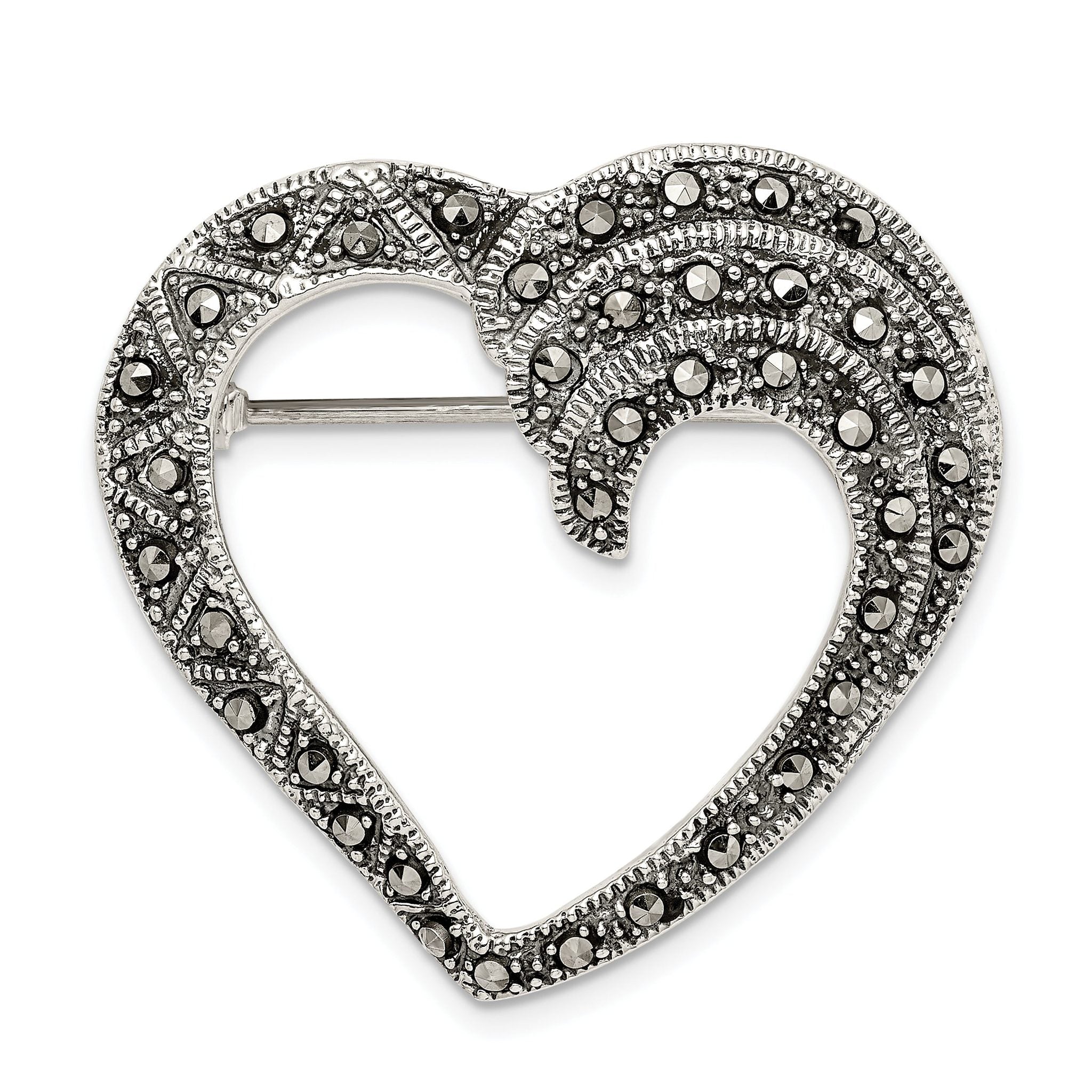 Sophia Jewelers 925 Sterling Silver Marcasite Open Heart Brooch Vintage Chic