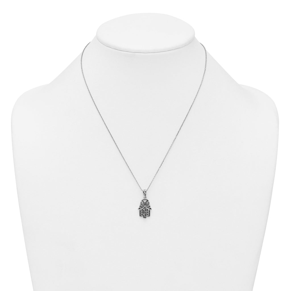 Sterling Silver Rhodium-plated Polished and Oxidized Filigree Hamsa 18 Inch Necklace