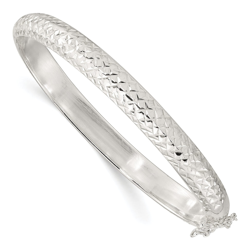 Sterling Silver Rhodium-plated Polished and Diamond-Cut 7.00mm Hinged Bangle