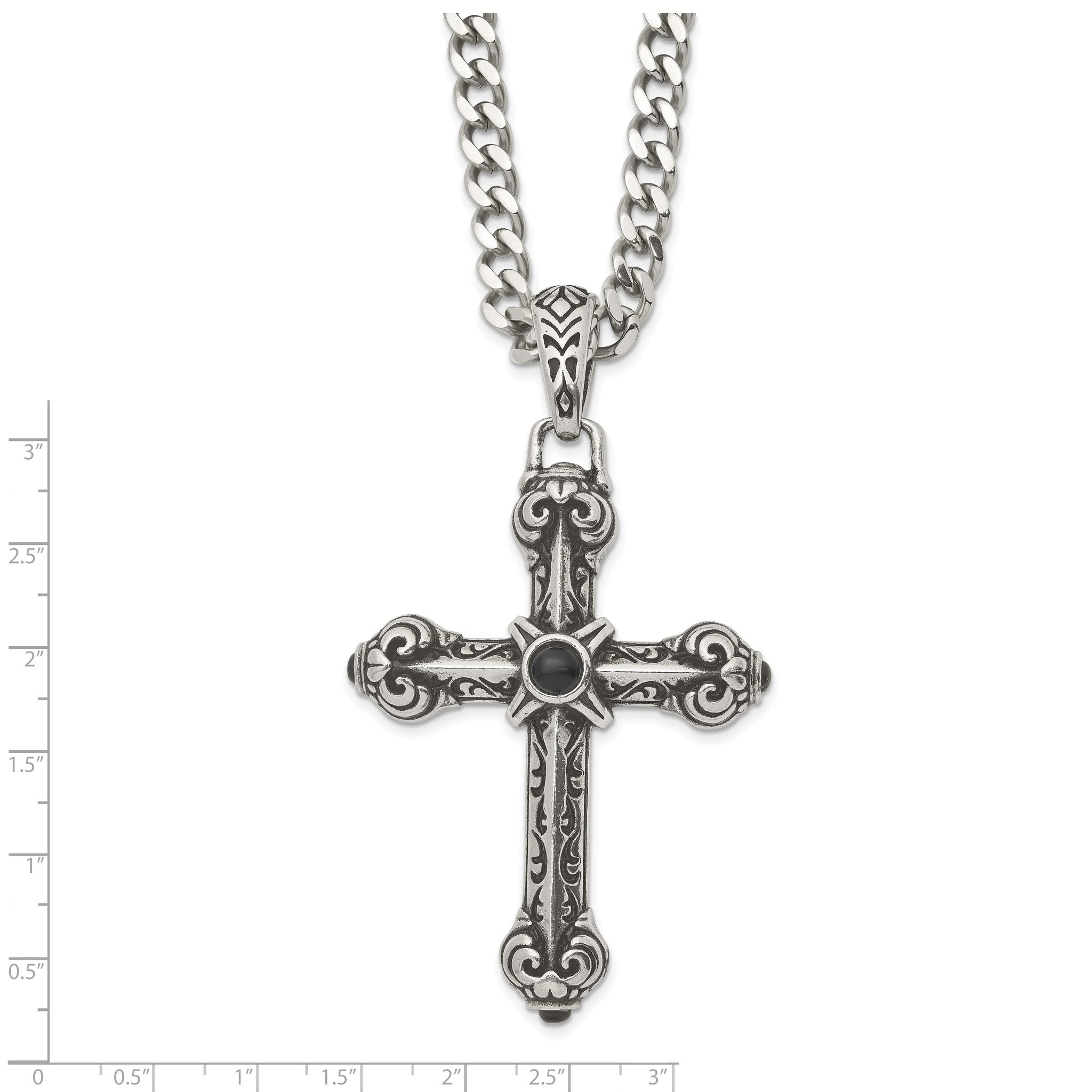 Sophia Jewelers Men's Stainless Steel Cross Pendant with Black Agate on 24 Curb Chain Secondary image