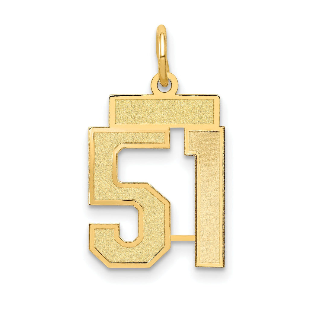 14K Gold Small Satin Number 51 Charm Brushed Finish, Laser Cut, Yellow Gold
