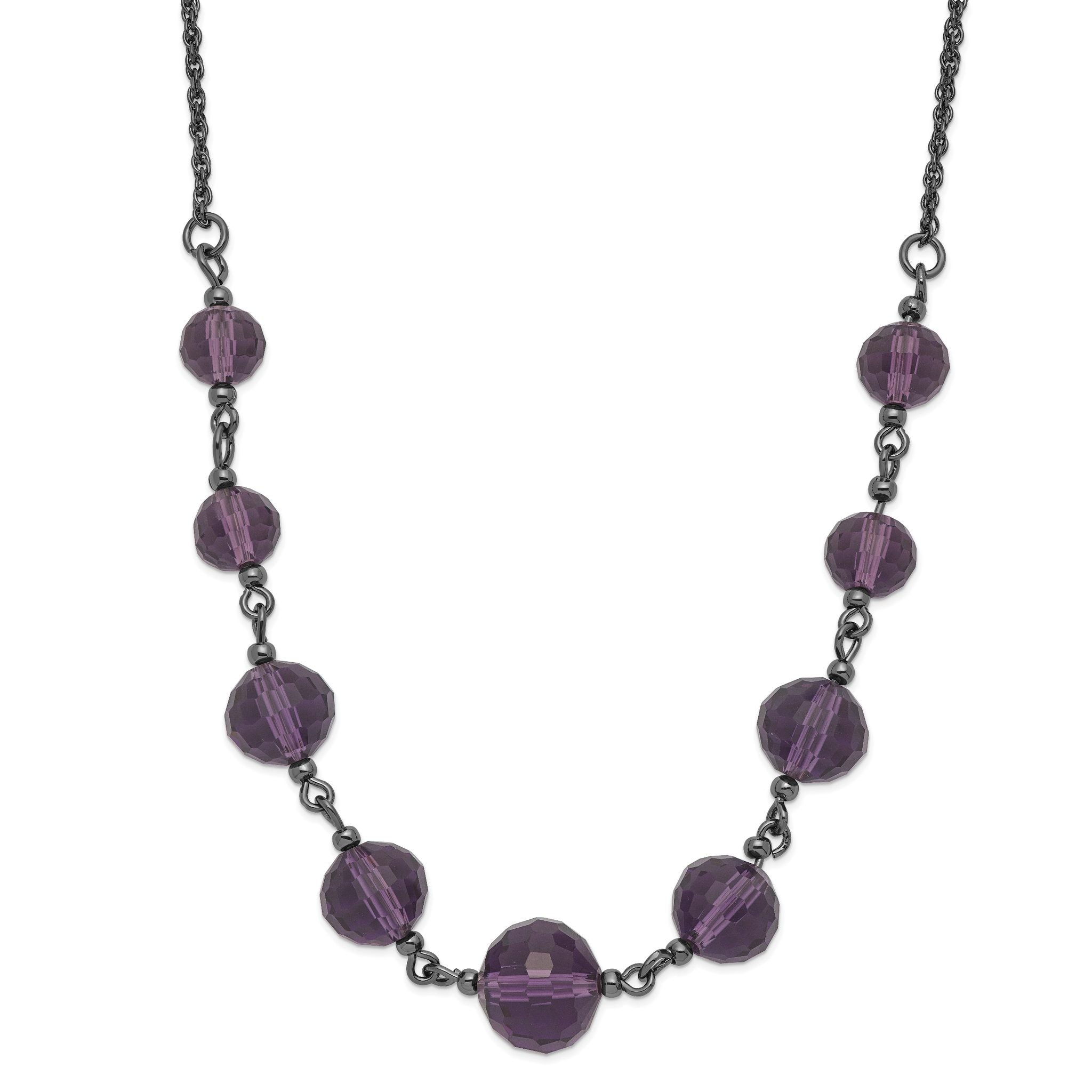 1928 Black-plated Smokey Purple Glass Faceted Graduated Bead 16 inch Necklace with 3 inch extension Main image
