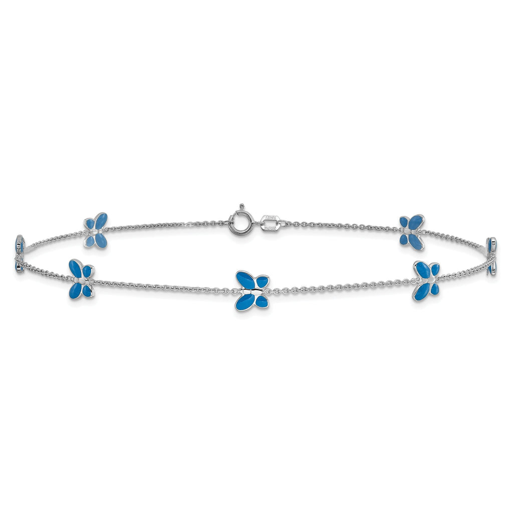 14k White Gold Blue Enameled Butterfly 10inch Anklet
