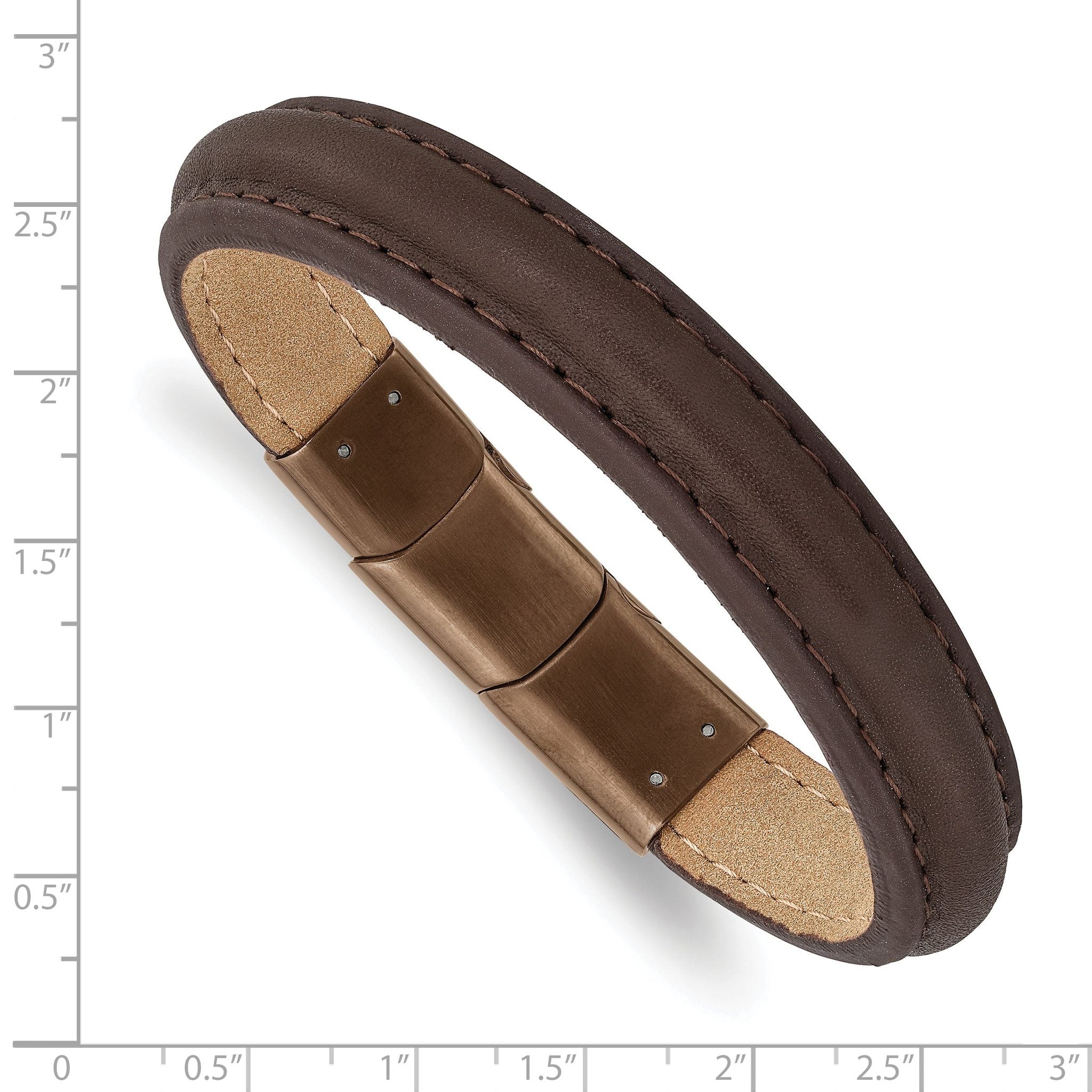 Stainless Steel Polished Rose IP Brown Leather with . ext Bracelet