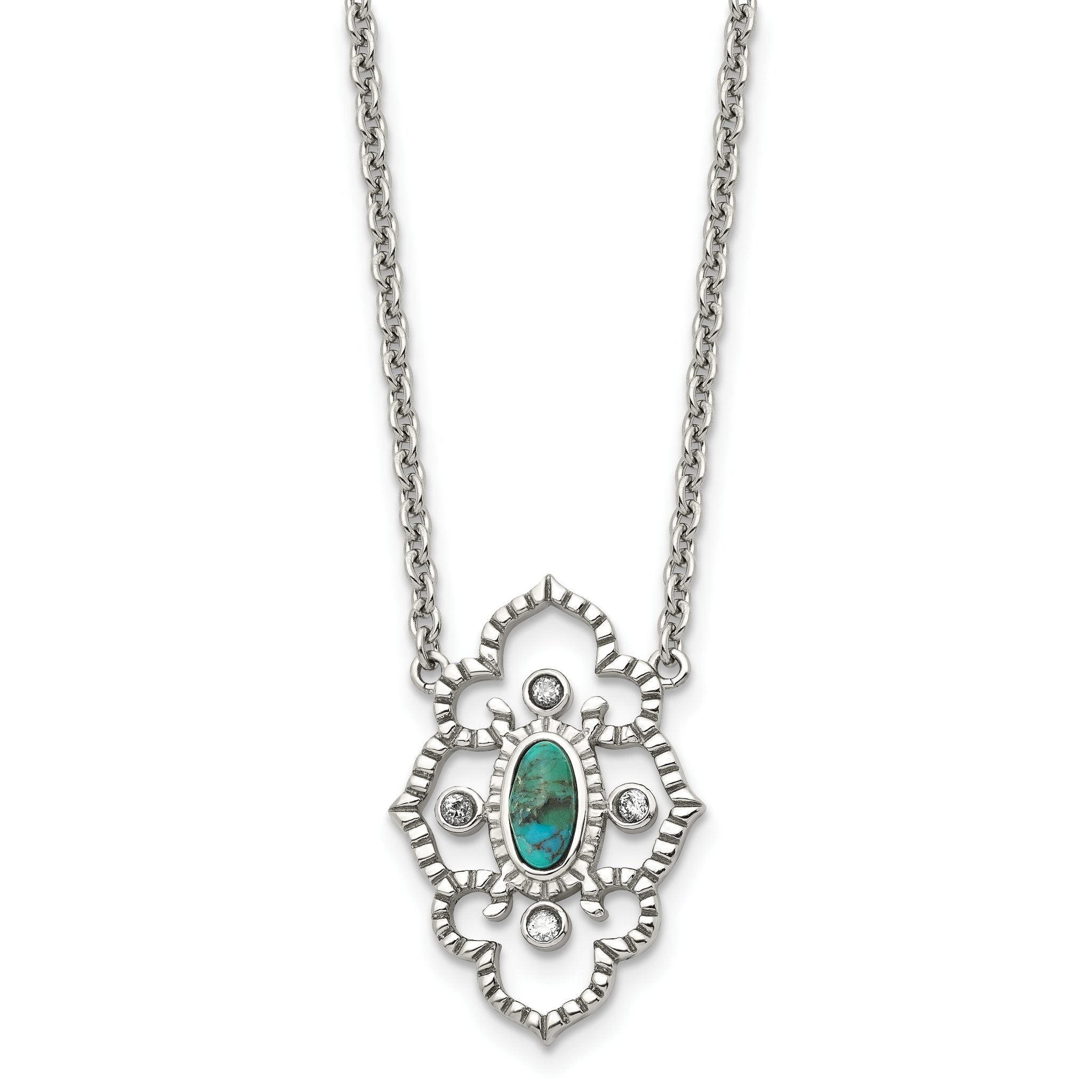 Stainless Steel Polished CZ and Imitation Turquoise w/2in ext Necklace Main image