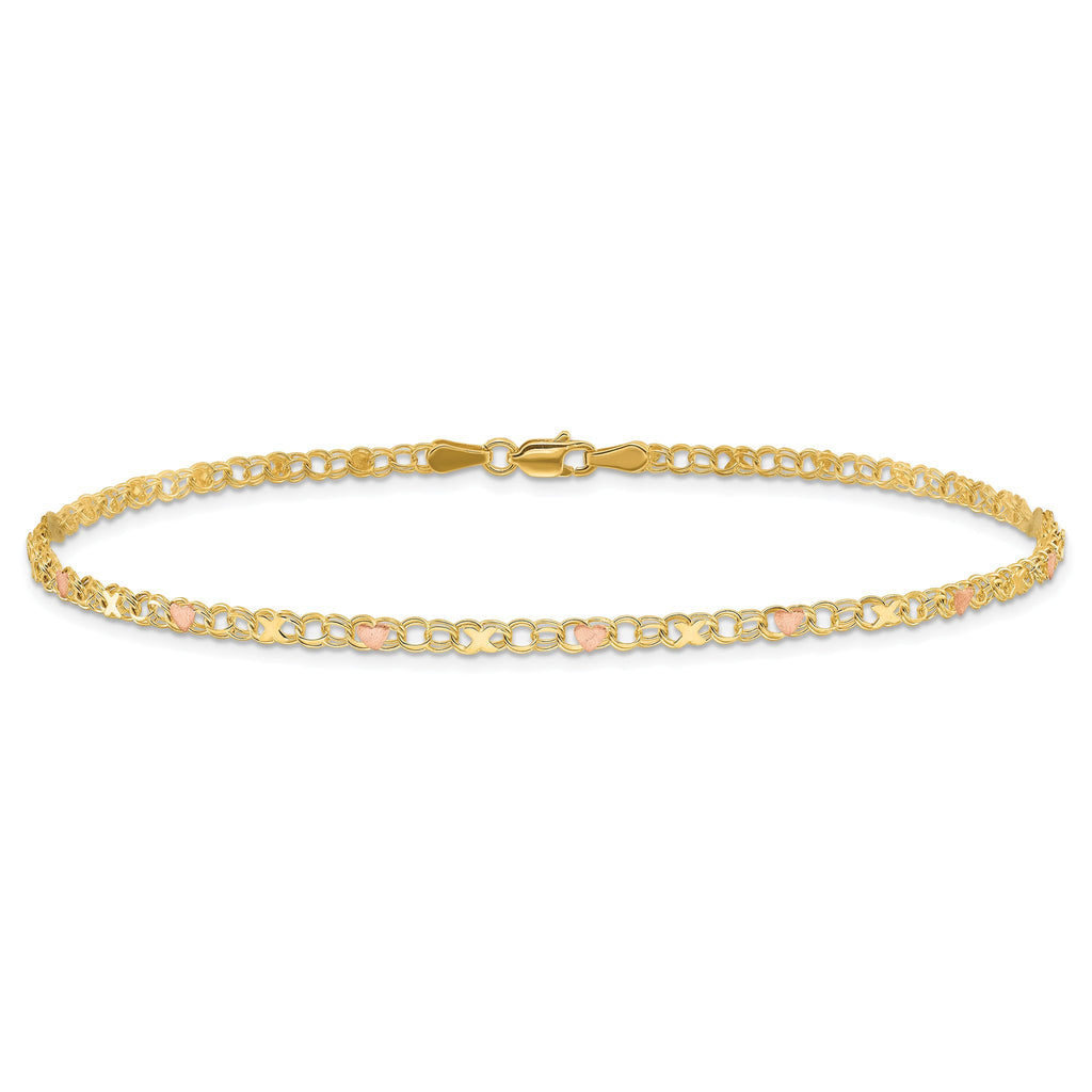 14k Polished and Satin Rose-plated X-and-Heart 10 inch Anklet