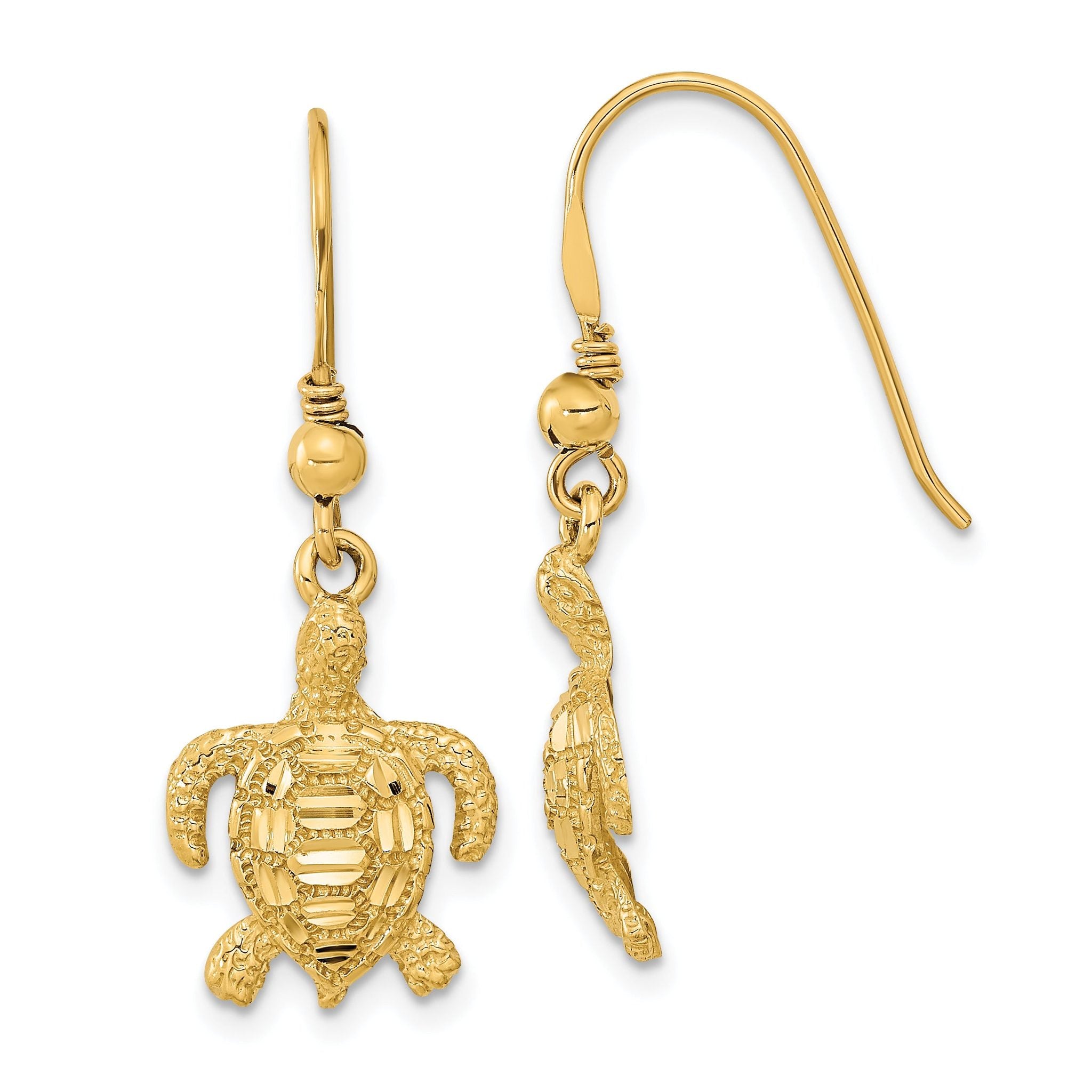 14k Polished & Textured Diamond-cut Turtle Shepherd Hook Earrings Main image
