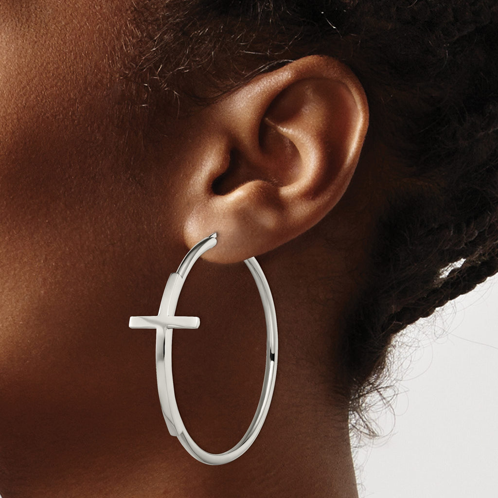 Stainless Steel Polished Cross Hoop Earrings for Women