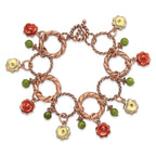 1928 Jewelry Copper-tone Textured Link Orange and Light Green Enamel Flower Green Acrylic Bead Dangles 7 inch Toggle Bracelet