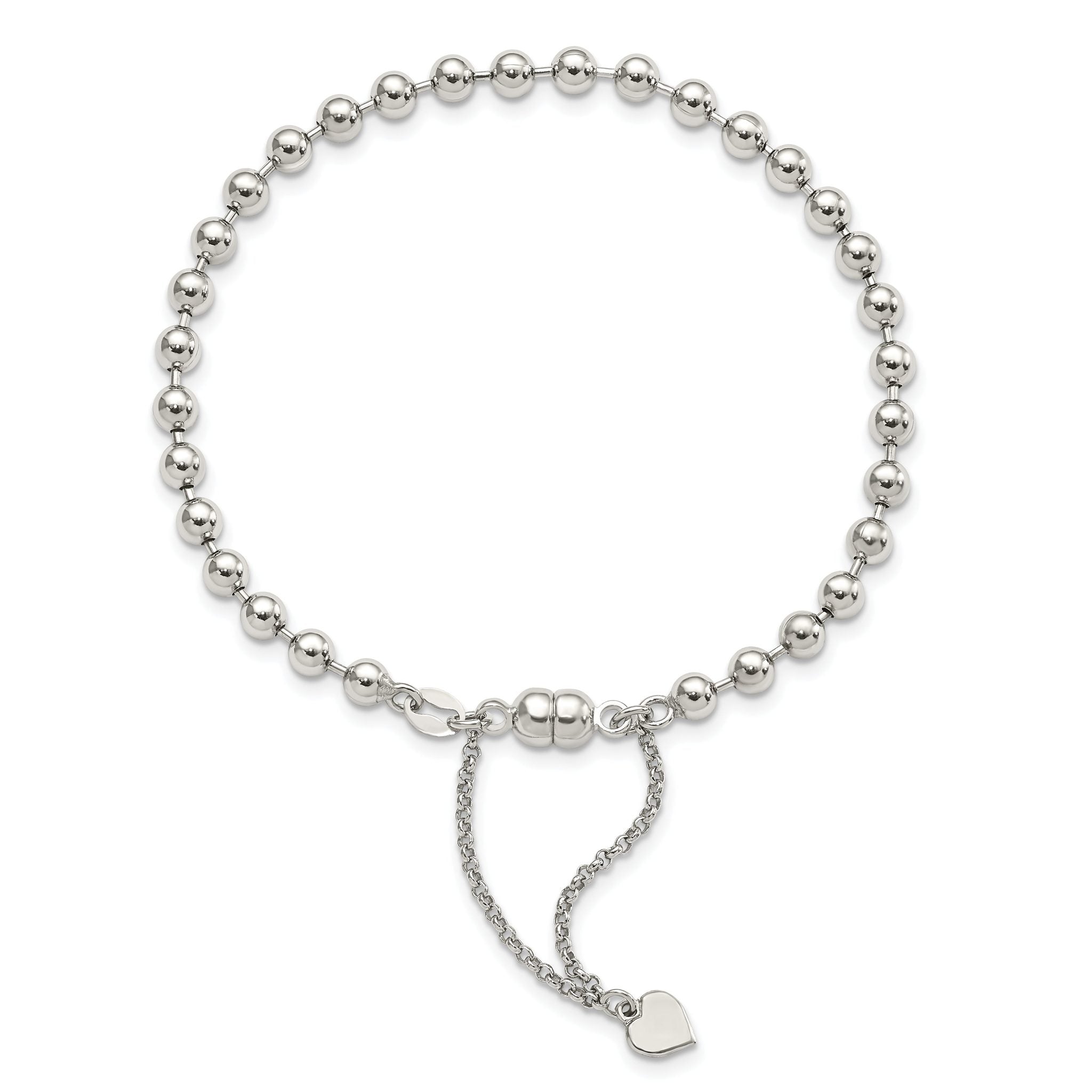 Amore La Vita Sterling Silver Rhodium-plated Polished 4MM Beaded Dangling Heart 7.5 inch Charm Bracelet with Magnetic Clasp Secondary image